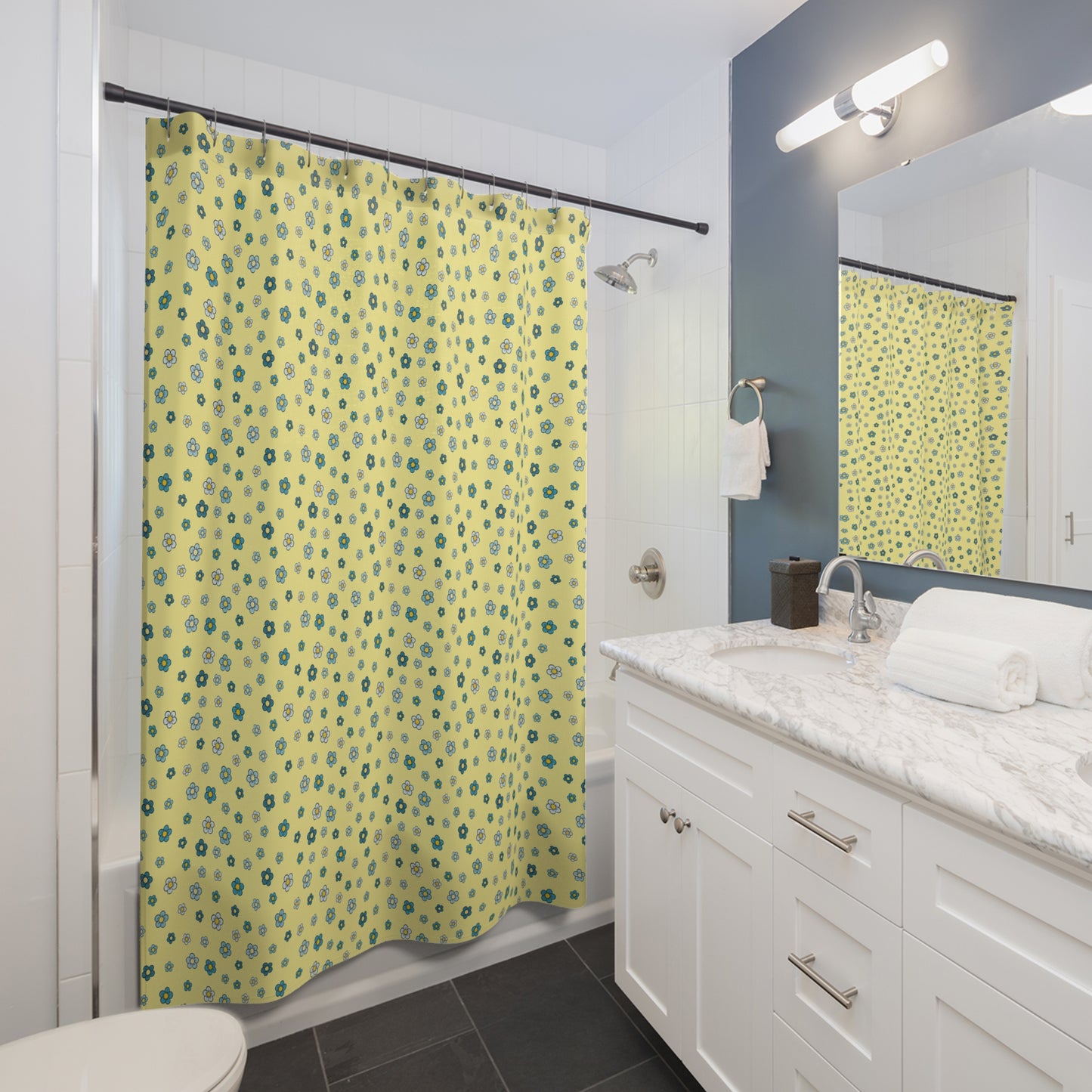 Floral Dot Shower Curtain — Yellow Blue Retro Flower Pattern
