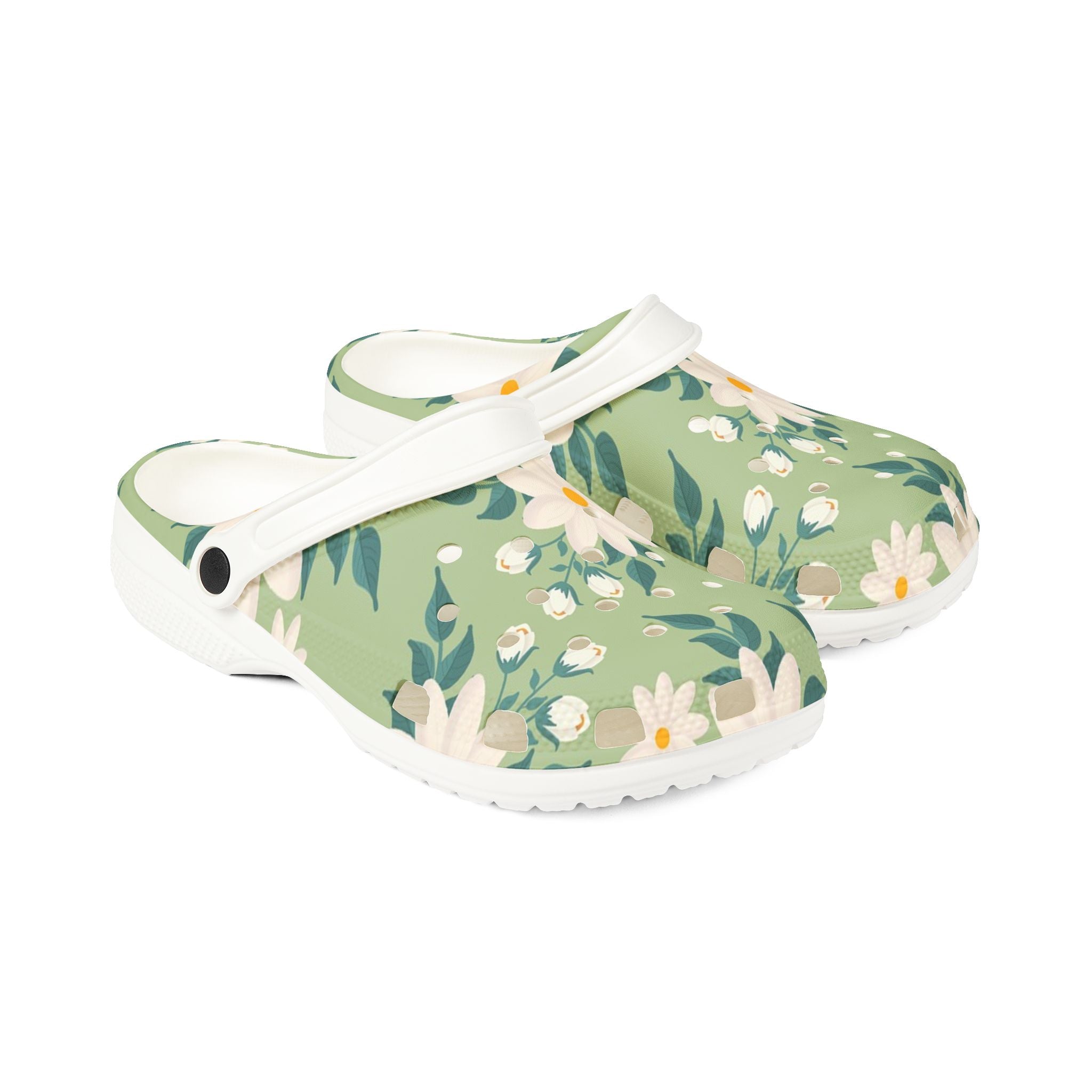 Floral Garden EVA Clogs — Lightweight Green Daisy Slip‑Ons