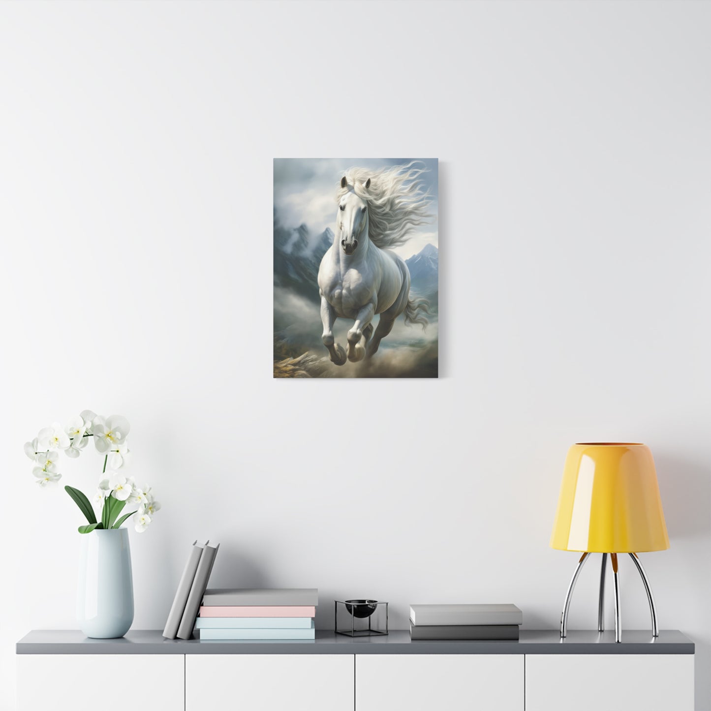 White Stallion Canvas Print – Majestic Galloping Horse Wall Art