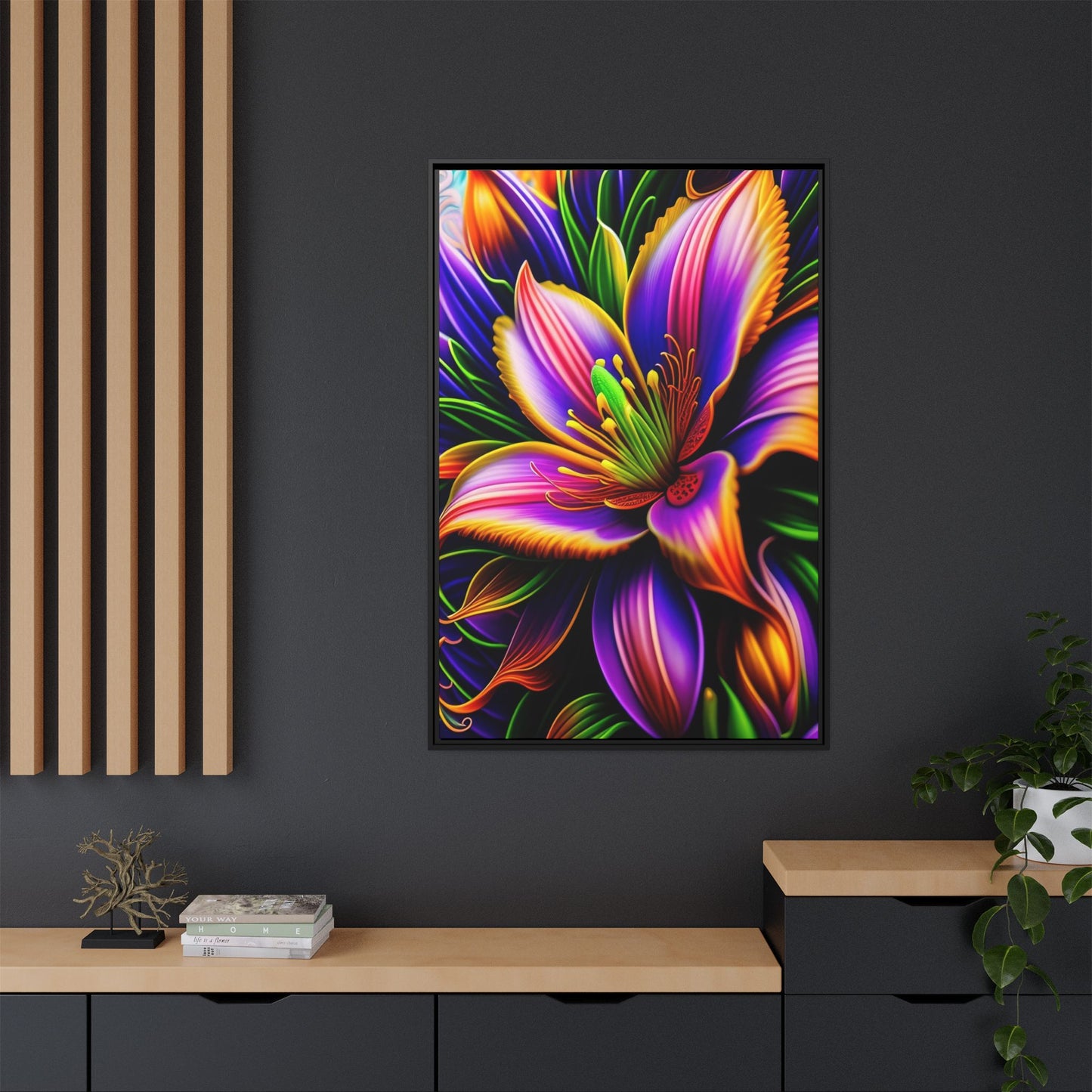 Vibrant Neon Floral Matte Canvas Print — Framed Wall Art