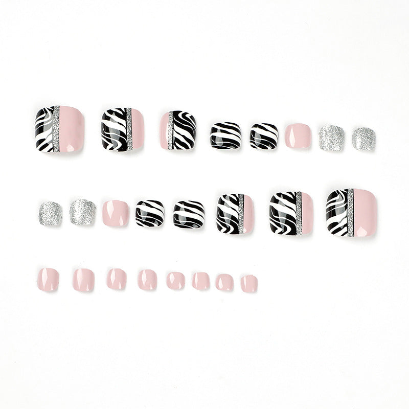 Bare powder foot nails, black and white lines, press on nails, nails piece, wholesale fake nails, nails piece – Image 2