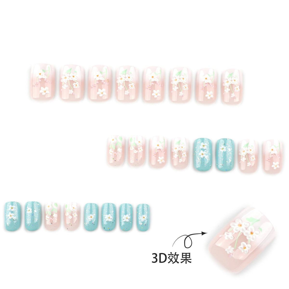 3D fresh flower manicure medium and long white gradual change press on nails fake nail square press on nails – Image 2