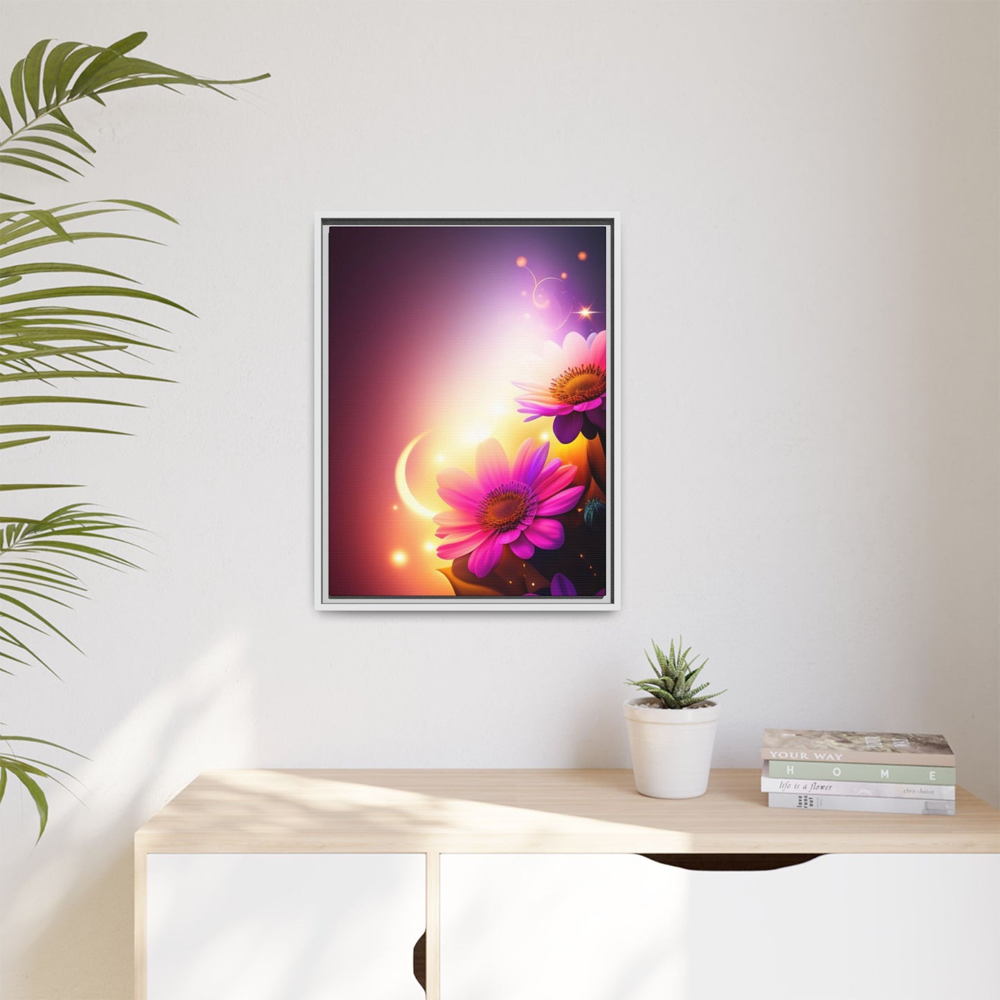 Framed Floral Canvas Art — Pink Daisies Sunset Wall Print