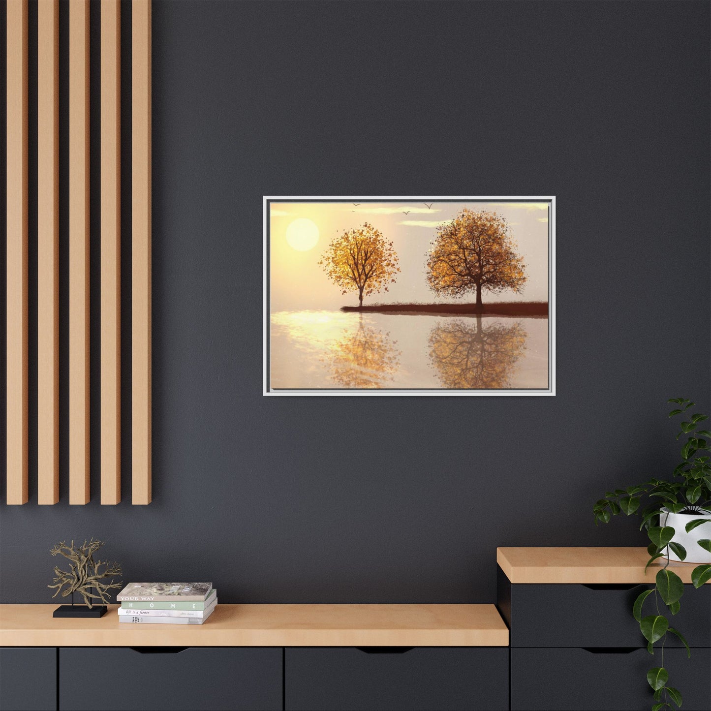 Framed Matte Canvas Wall Art — Golden Autumn Trees Reflection