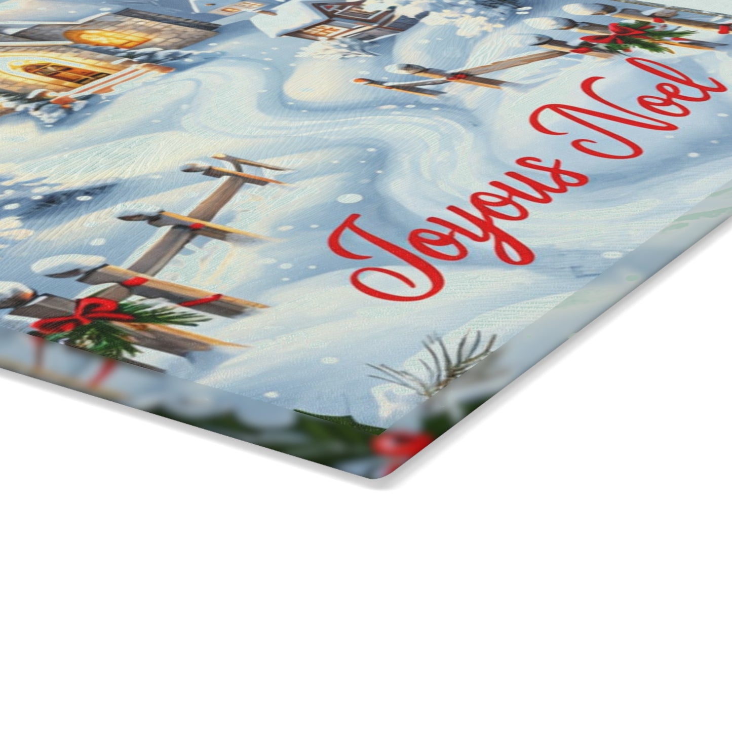 Glass Cutting Board — Joyeux Noël Winter Church Scene Holiday Kitchen Decor