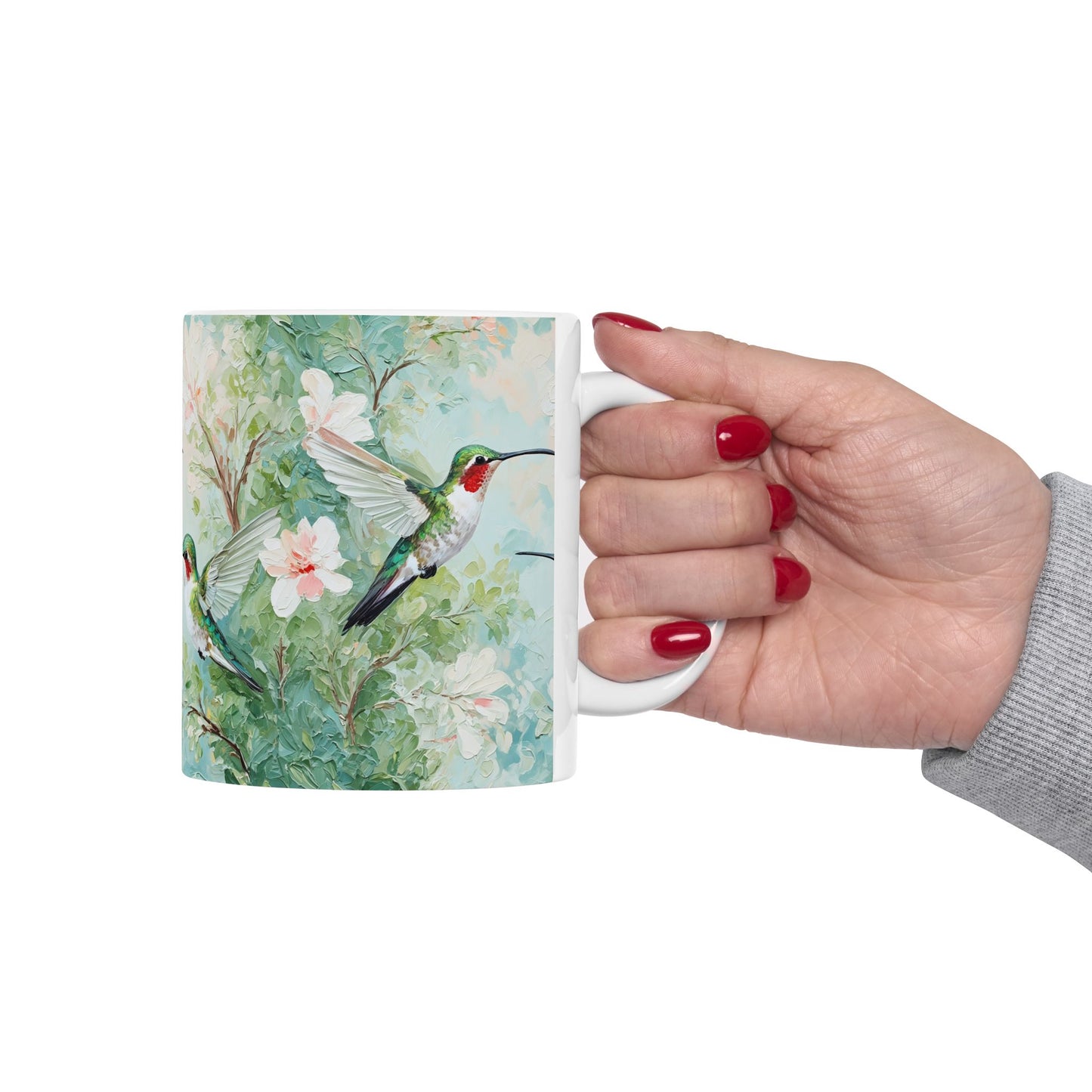 Hummingbird Floral Ceramic Mug — Watercolor Birds Coffee Cup (11oz & 15oz)