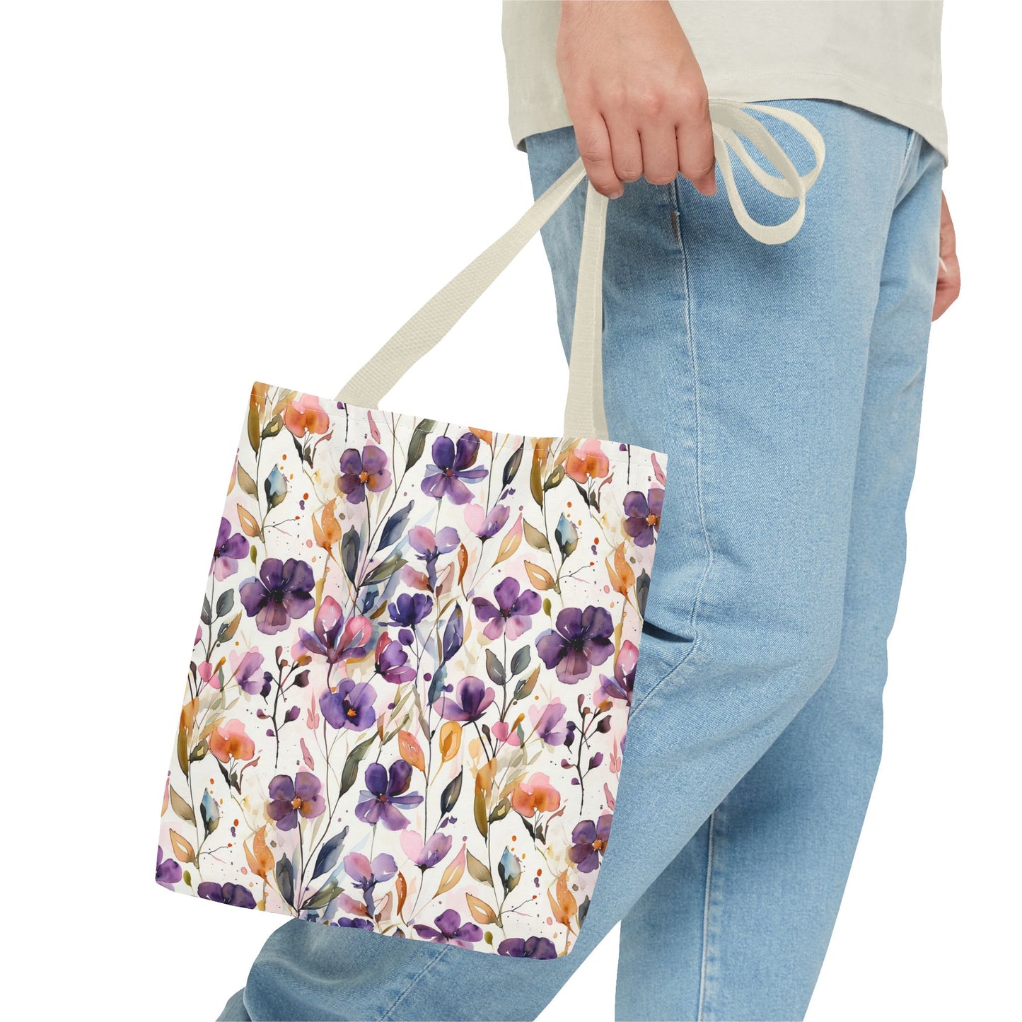 Floral Watercolor Tote Bag — Purple & Orange Botanical All-Over Print
