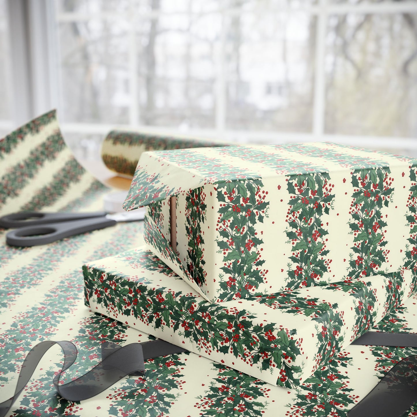 Holiday Pine Sprig Wrapping Paper Roll — Festive Green & Red Gift Wrap