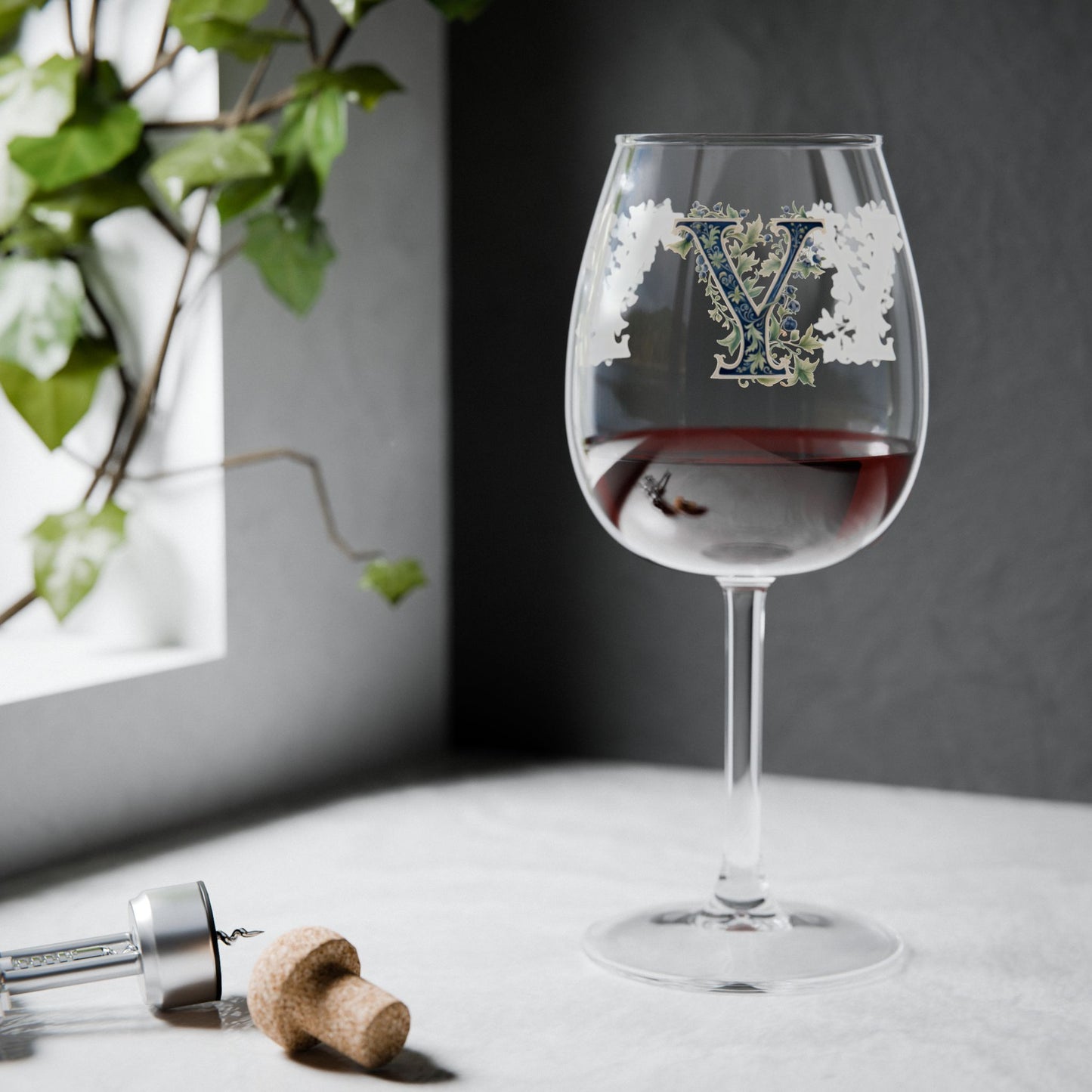 Monogrammed Floral 'Y' Wine Glass - 12 oz Decorative Stemware