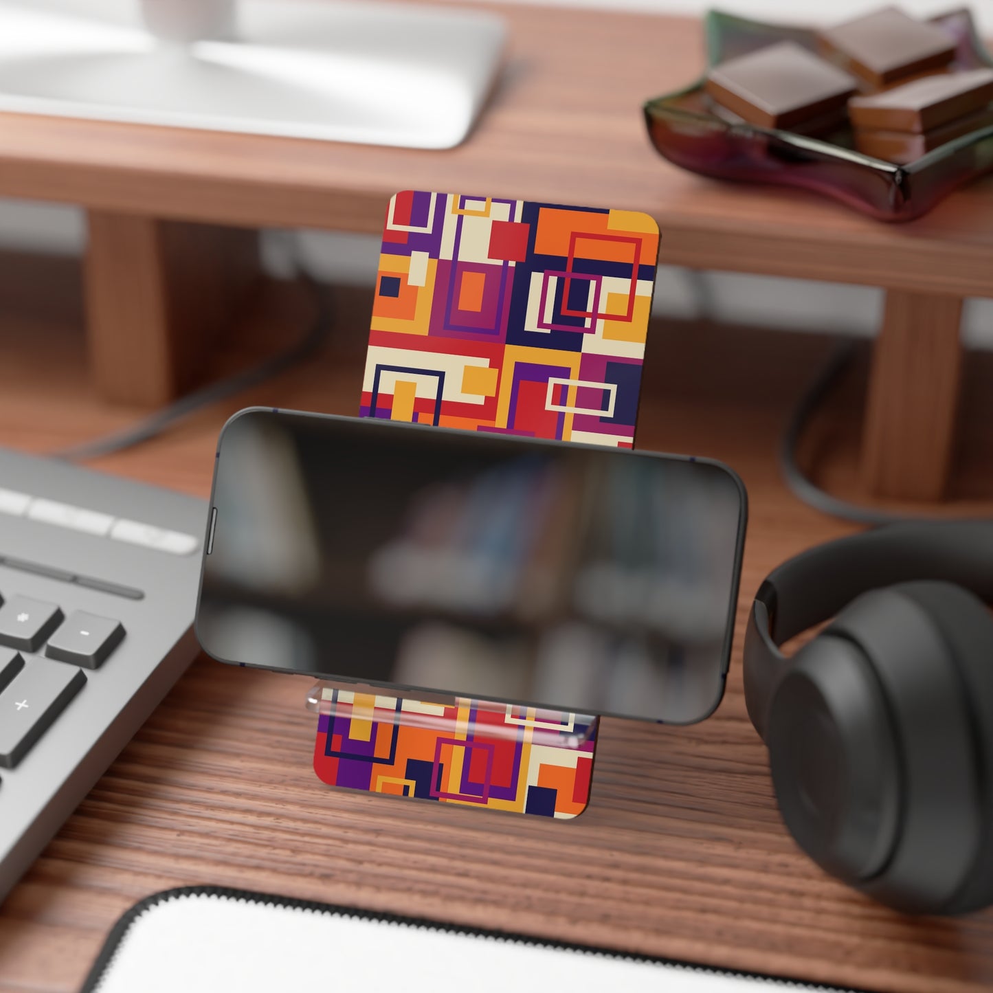 Phone Stand — Retro Geometric Orange & Purple Mobile Display Stand