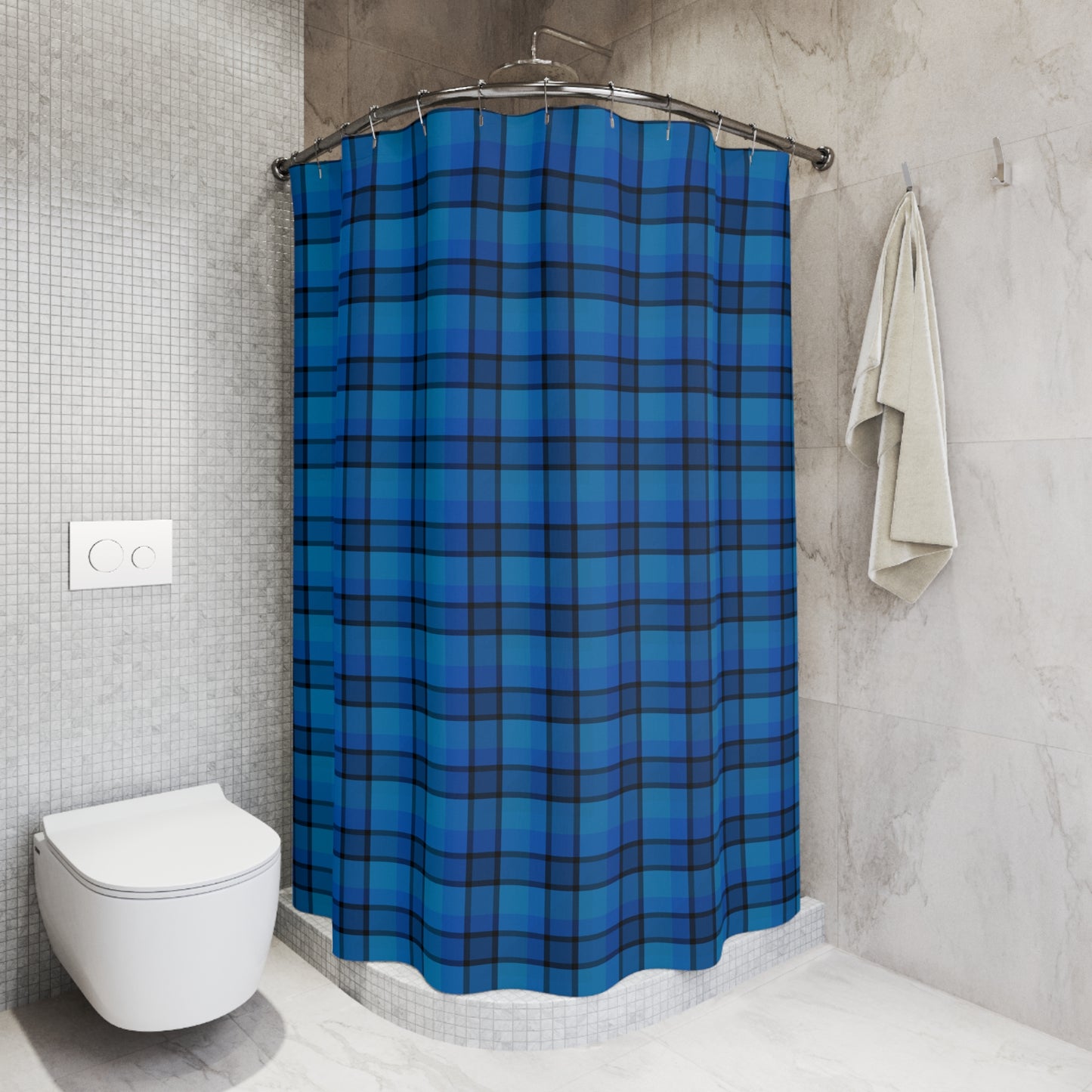 Navy & Teal Plaid Shower Curtain — Classic Tartan Bathroom Decor