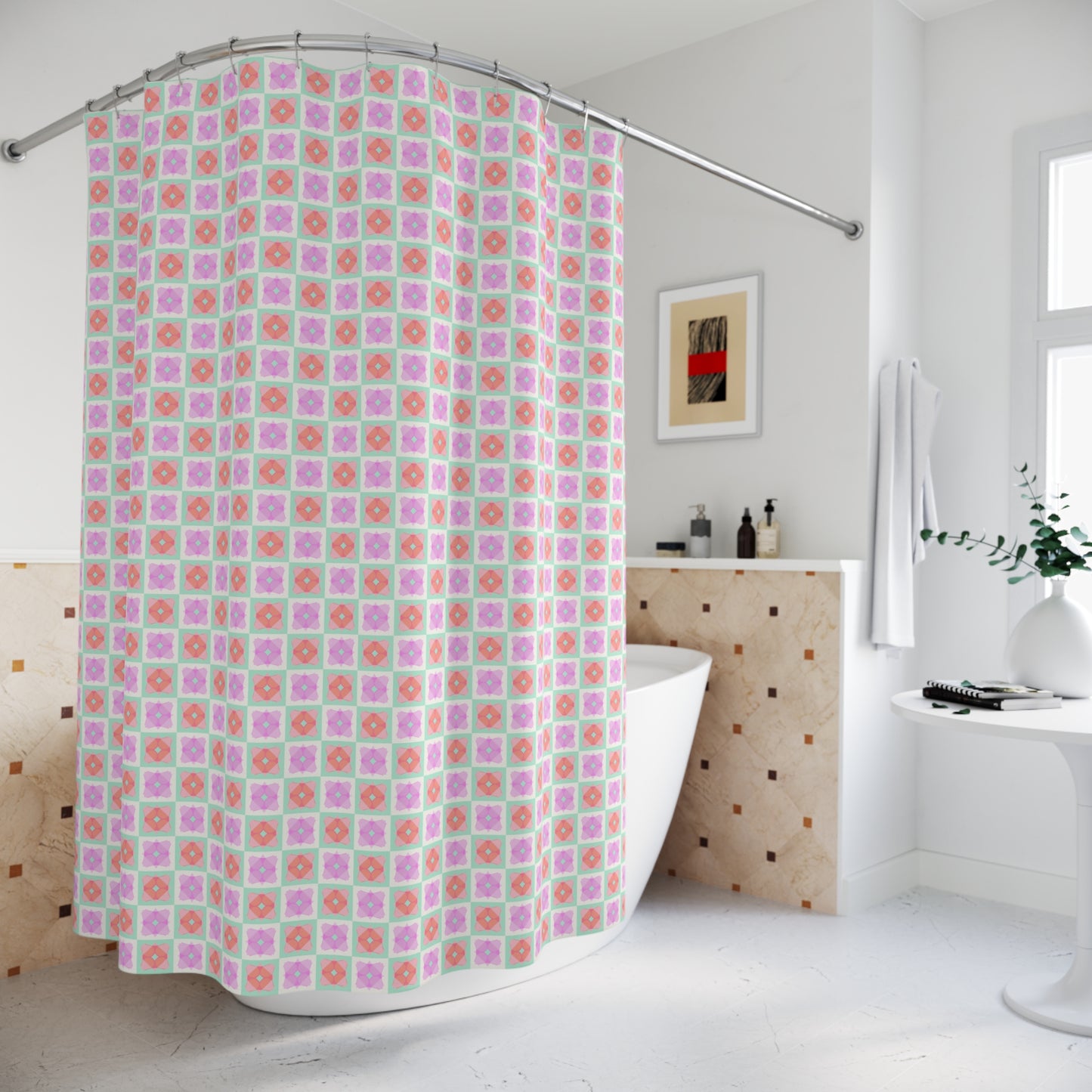 Floral Tile Shower Curtain — Pastel Pink & Mint Geometric Bathroom Decor