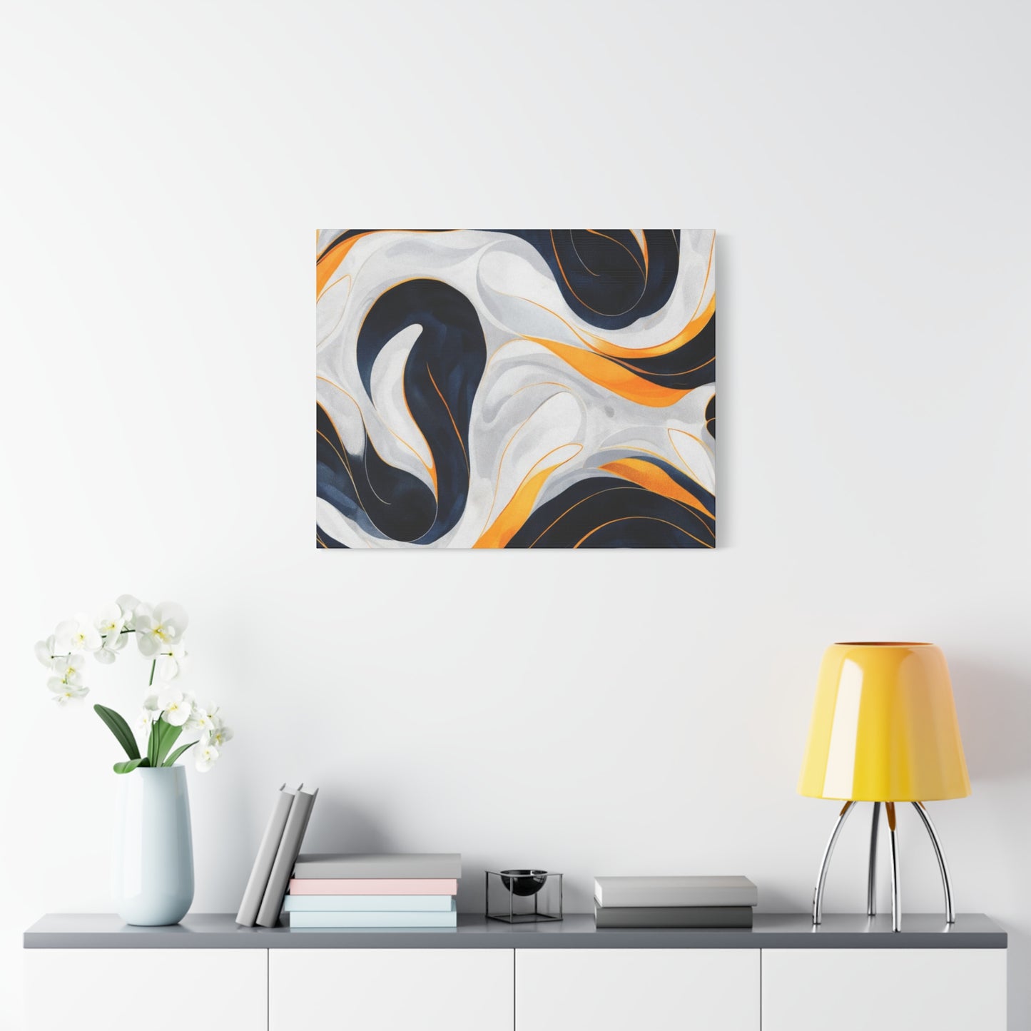 Abstract Fluid Art Matte Canvas Print — Navy, Gold & White Stretched Wall Art