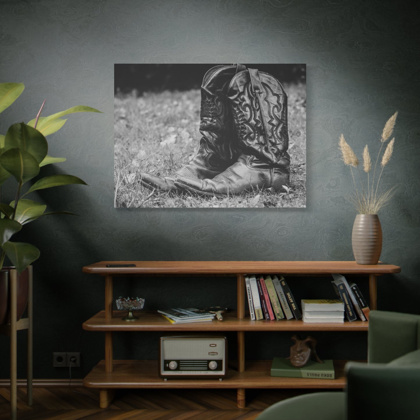 Western Cowboy Boots Matte Canvas Wall Art – Black & White Rustic Country Decor