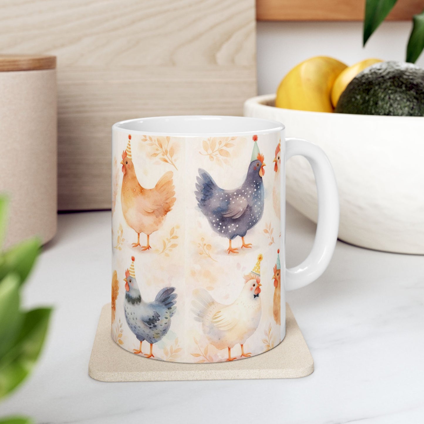 Cute Farm Chicken Mug — Watercolor Hens with Party Hats (11oz, 15oz)