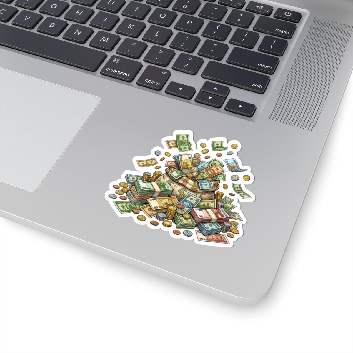 Money Pile Kiss-Cut Sticker — Cash & Coins Illustration Laptop Decal