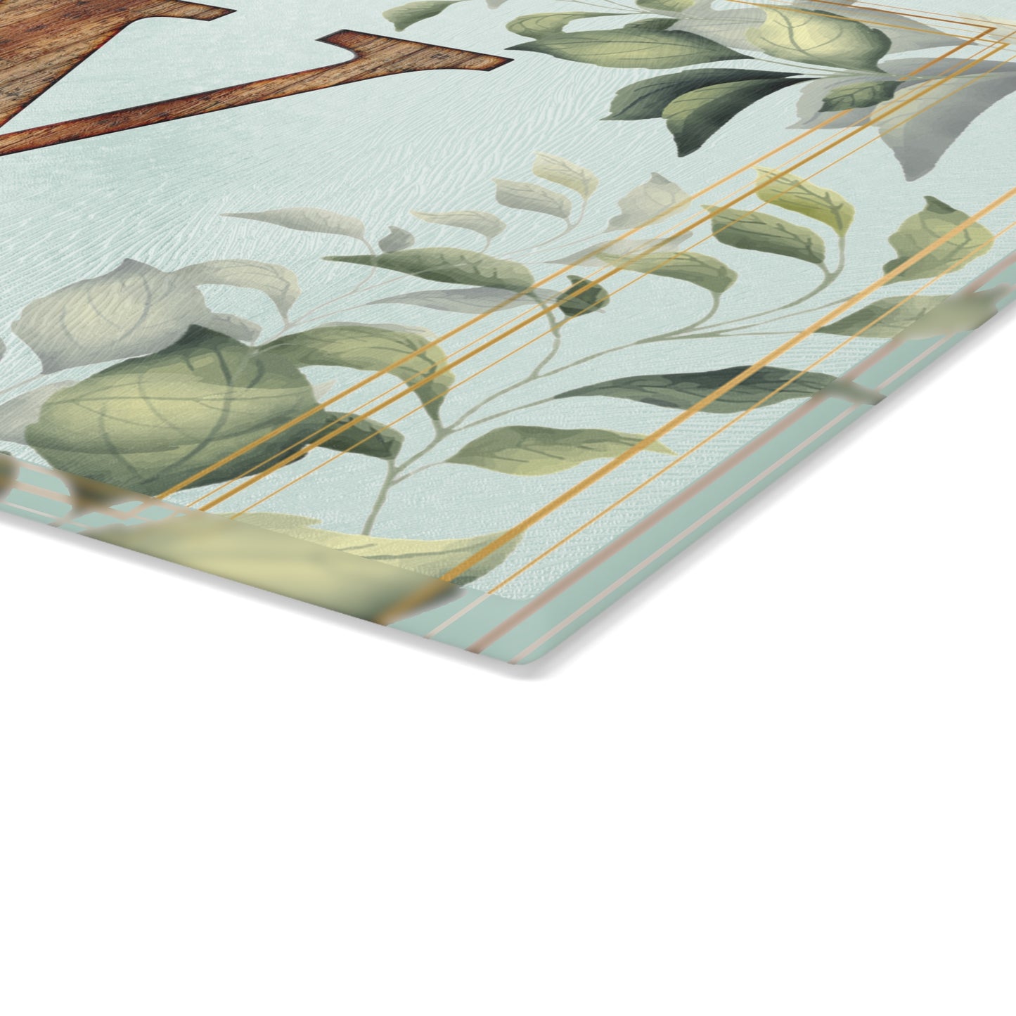 Monogram Glass Cutting Board — Rustic Wood “V” with Greenery Border