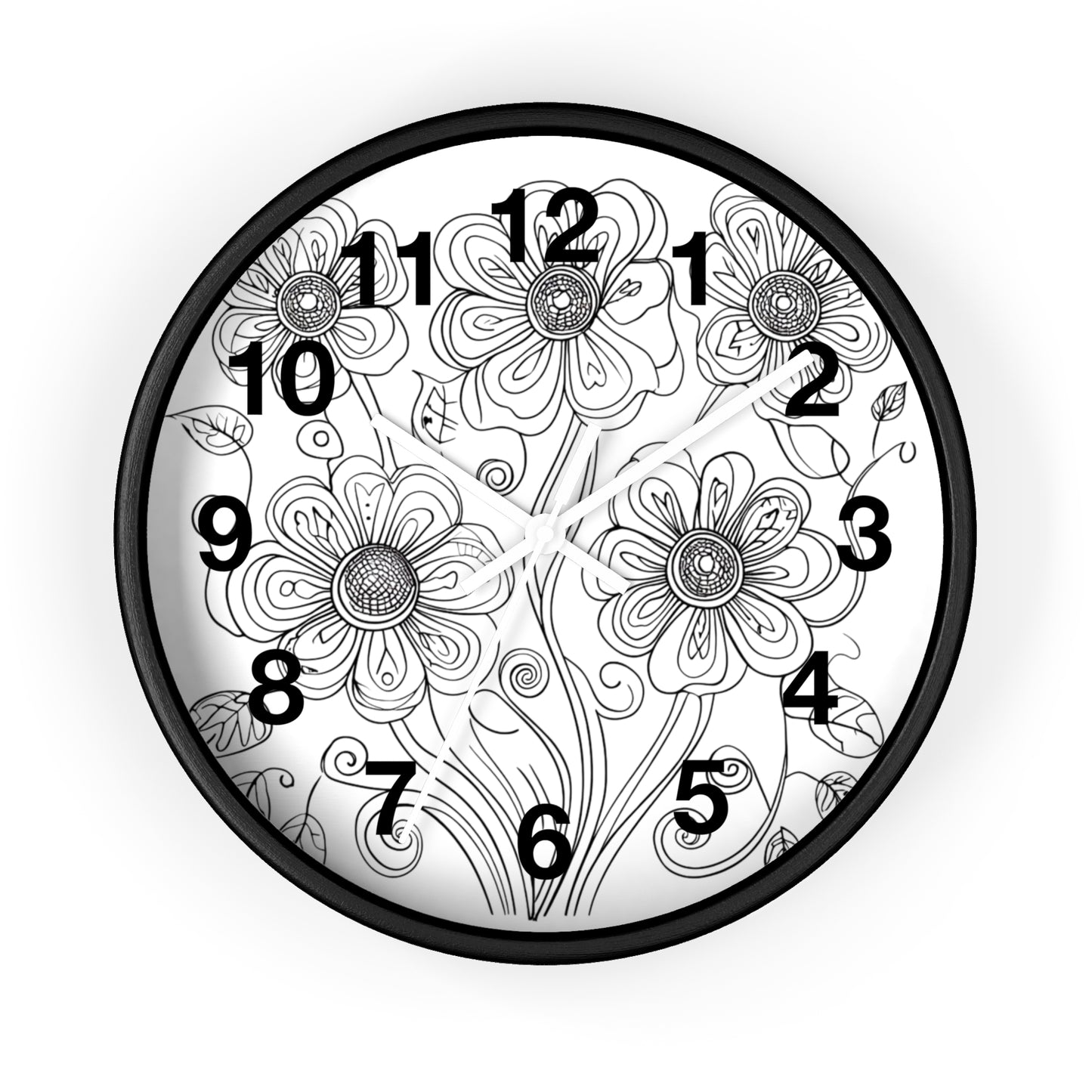 Floral Doodle Wall Clock — Black & White Hand-Drawn Flower Timepiece