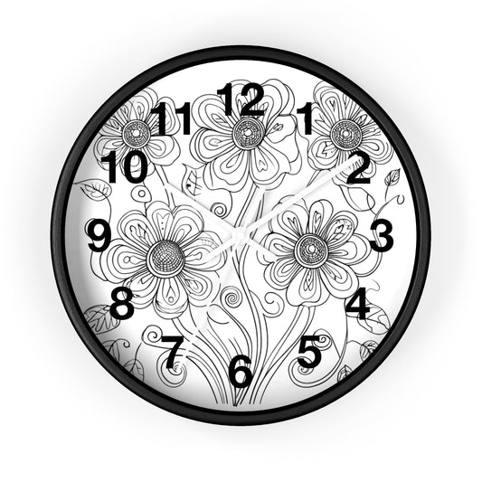 Floral Doodle Wall Clock — Black & White Hand-Drawn Flower Timepiece