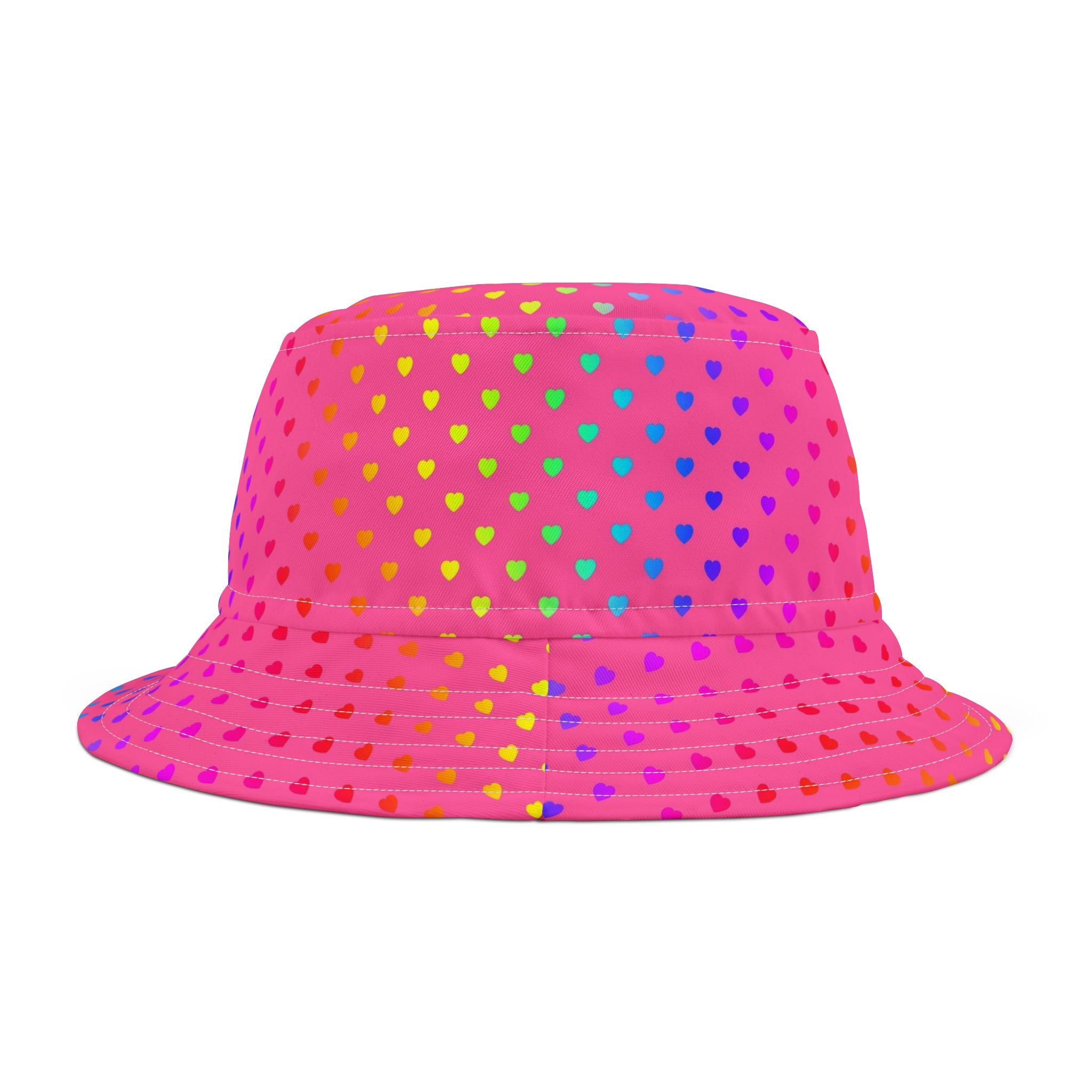 Pink Rainbow Heart Bucket Hat — Colorful Polka Dot Summer Sun Hat
