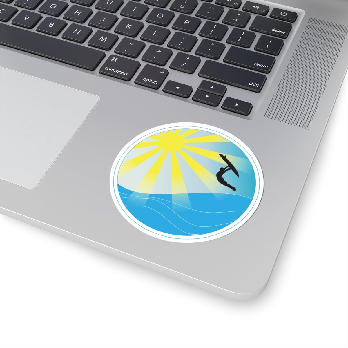 Surfer Sunset Kiss-Cut Sticker — Sun, Waves & Silhouette Vinyl Decal