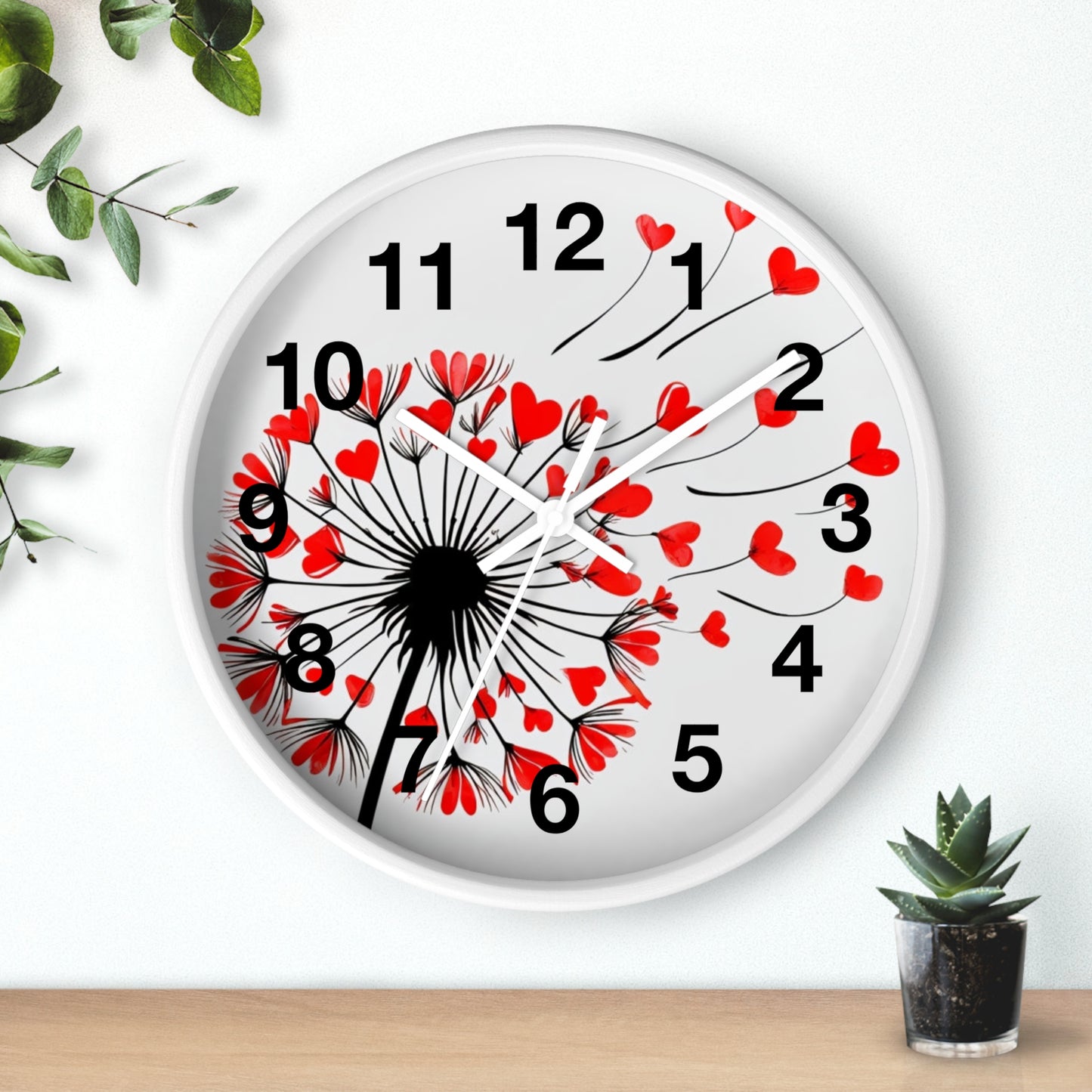 Heart Dandelion Wall Clock — Romantic Red Heart Seeds Decorative Clock