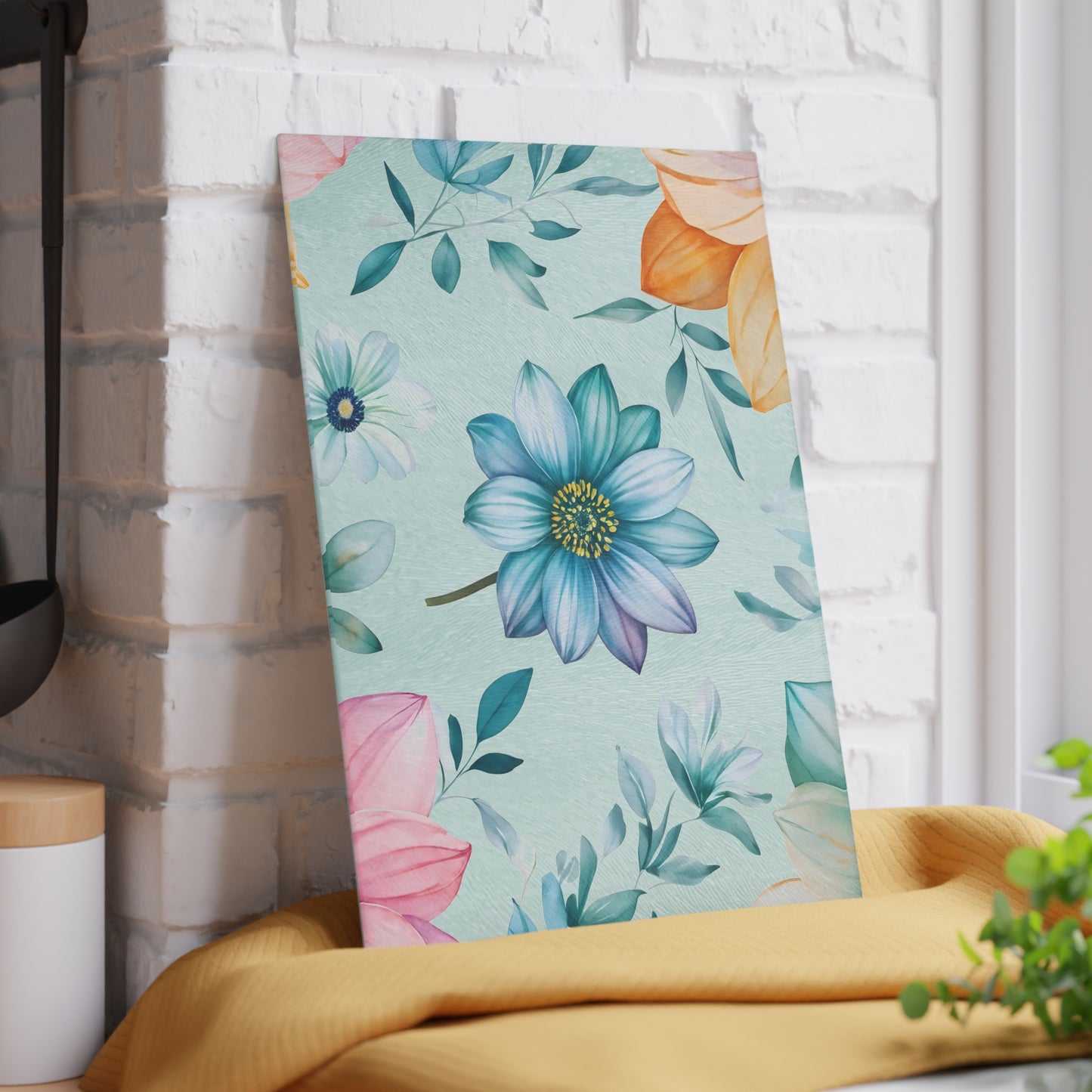 Floral Glass Cutting Board — Pastel Blue Watercolor Flowers