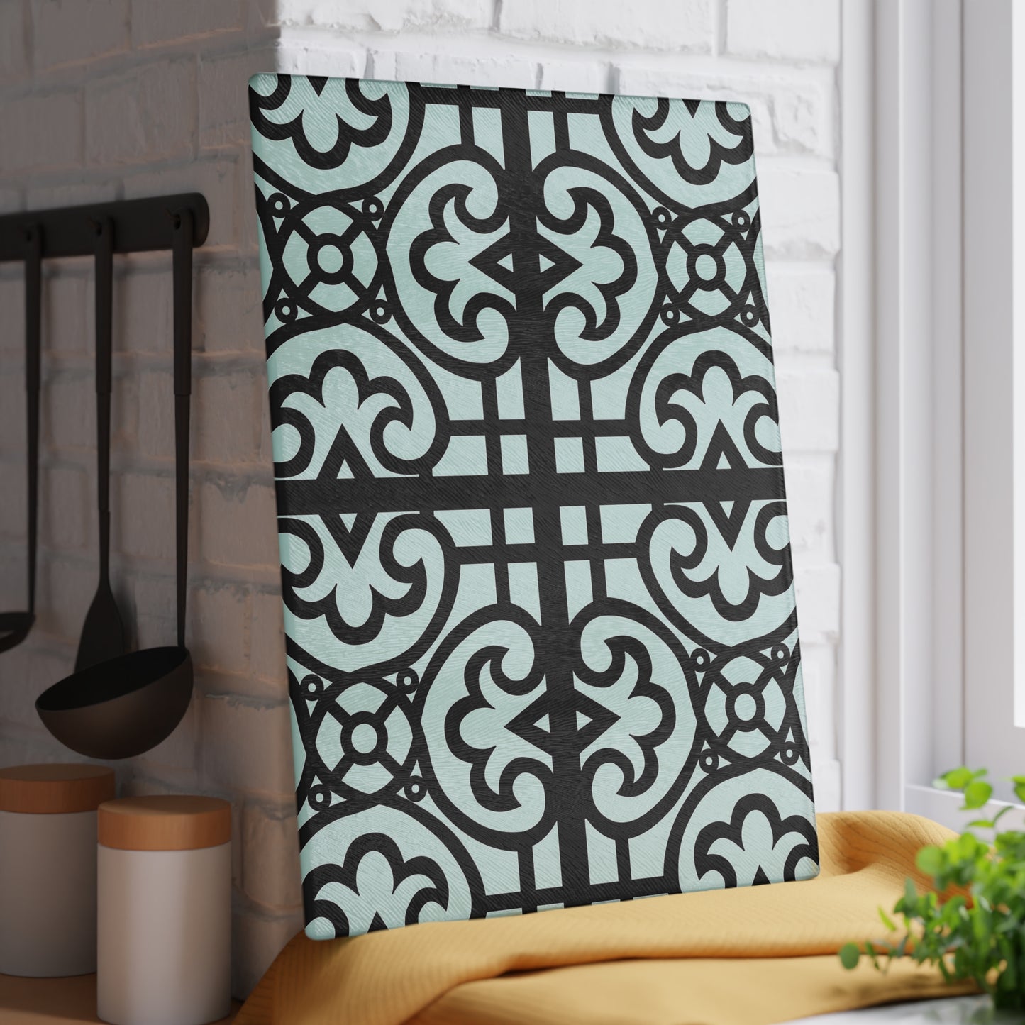 Glass Cutting Board — Decorative Moroccan Tile Pattern in Mint & Black
