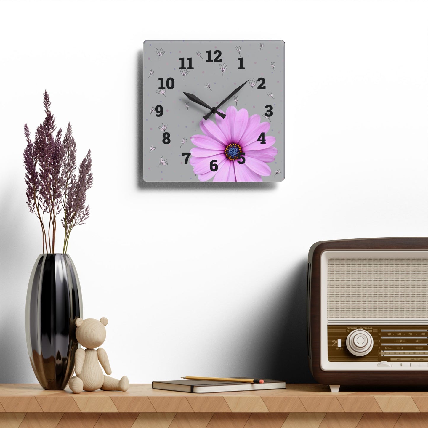 Floral Acrylic Wall Clock Spring Decor, Home Office Accessory