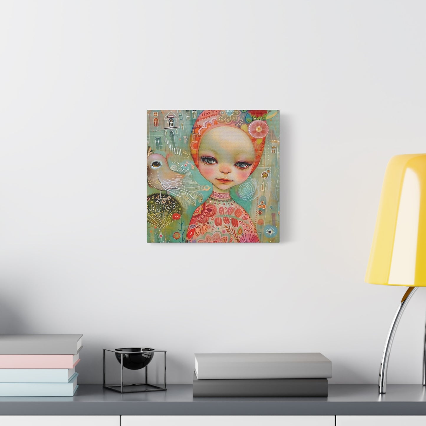 Whimsical Girl & Bird Matte Canvas Wall Art — Stretched Decorative Painting