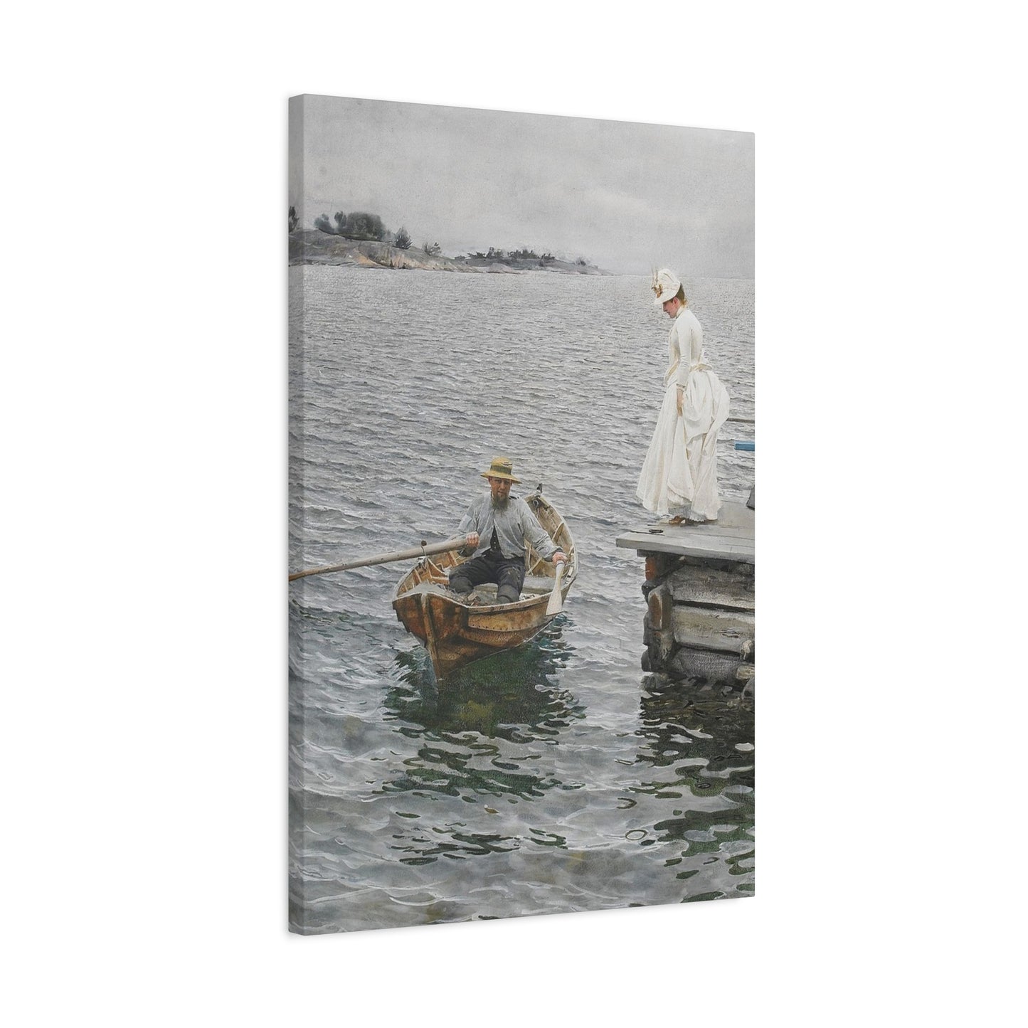 Seaside Stroll Canvas Print — Vintage Woman & Rowboat Matte Stretched Art 1.25"
