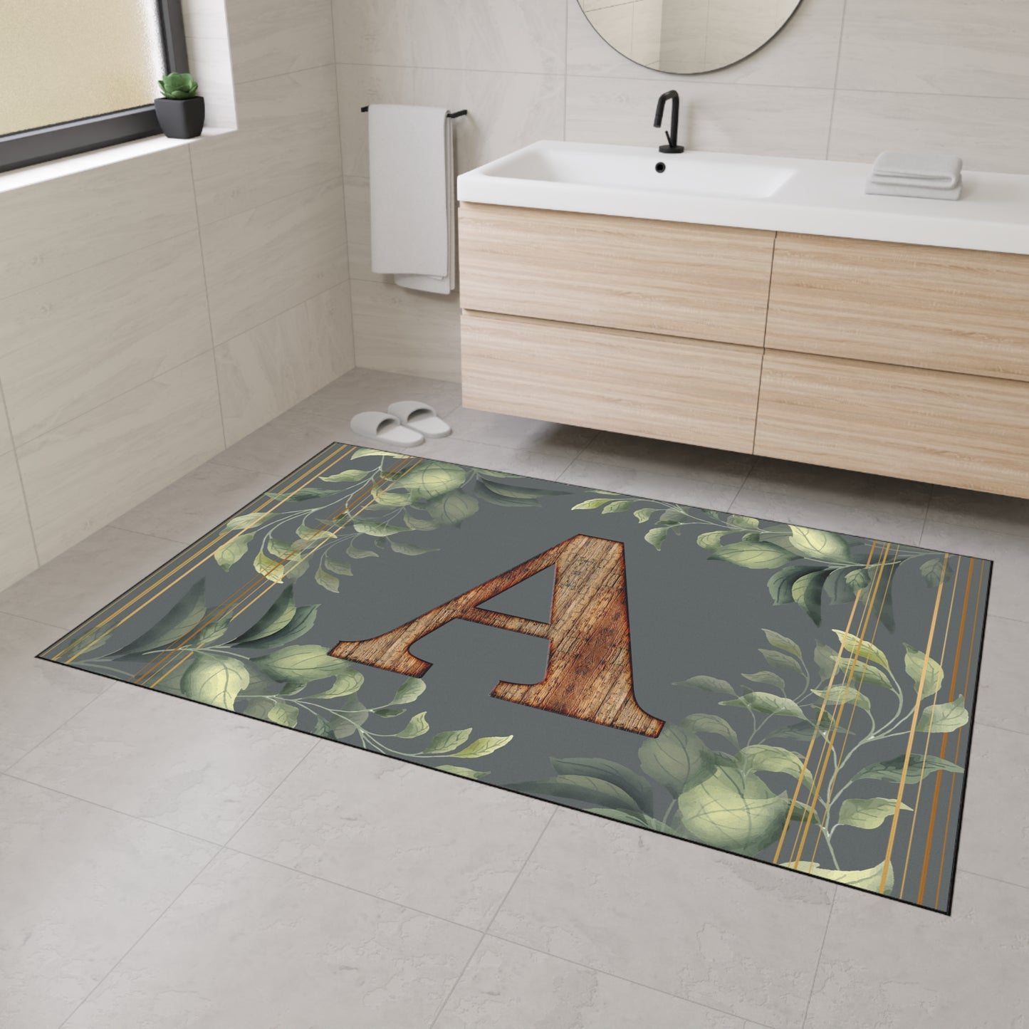 Personalized Monogram Floor Mat - Rustic Wood 'A' with Greenery Welcome Rug - Letter A