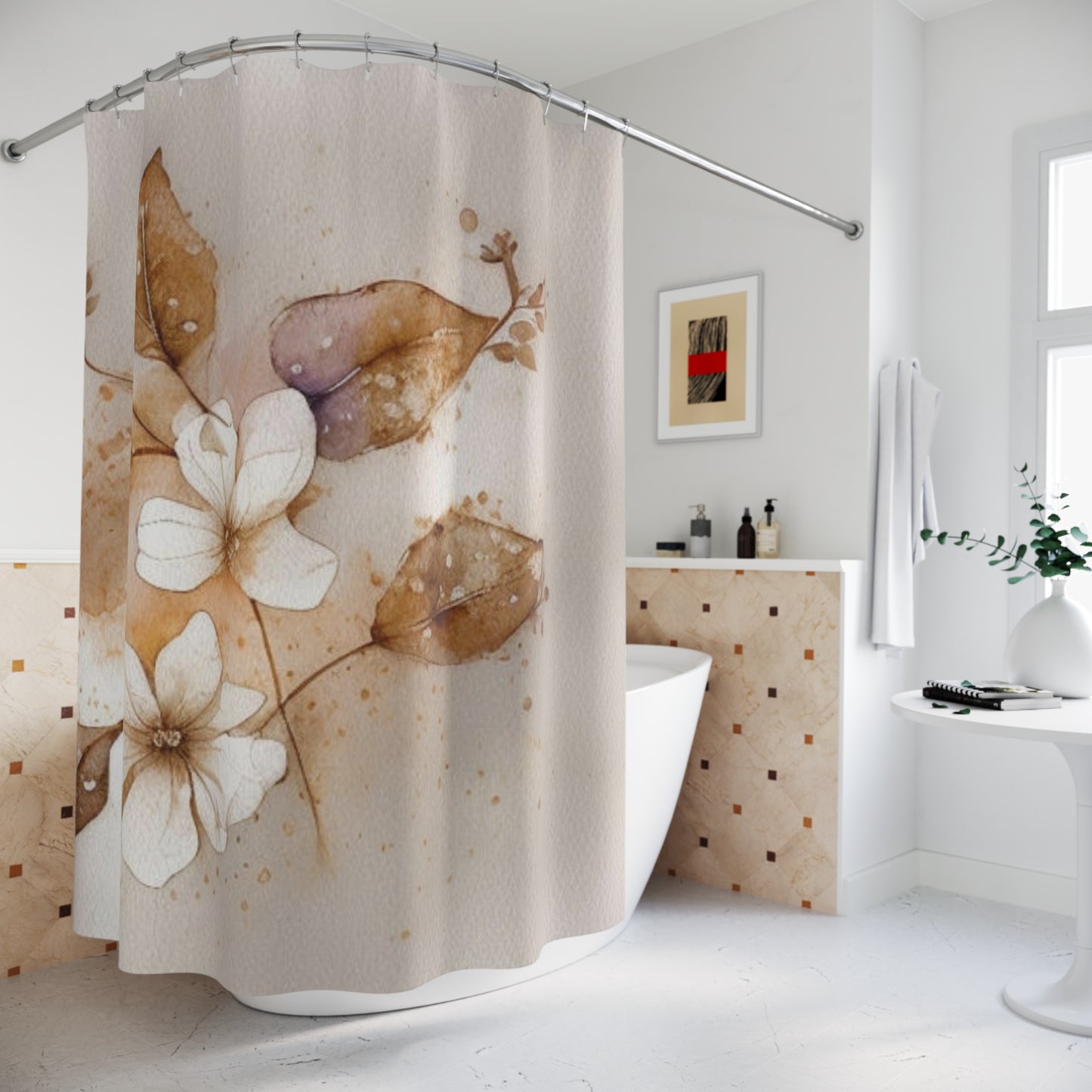 Botanical Watercolor Shower Curtain — Neutral Floral Magnolia Design