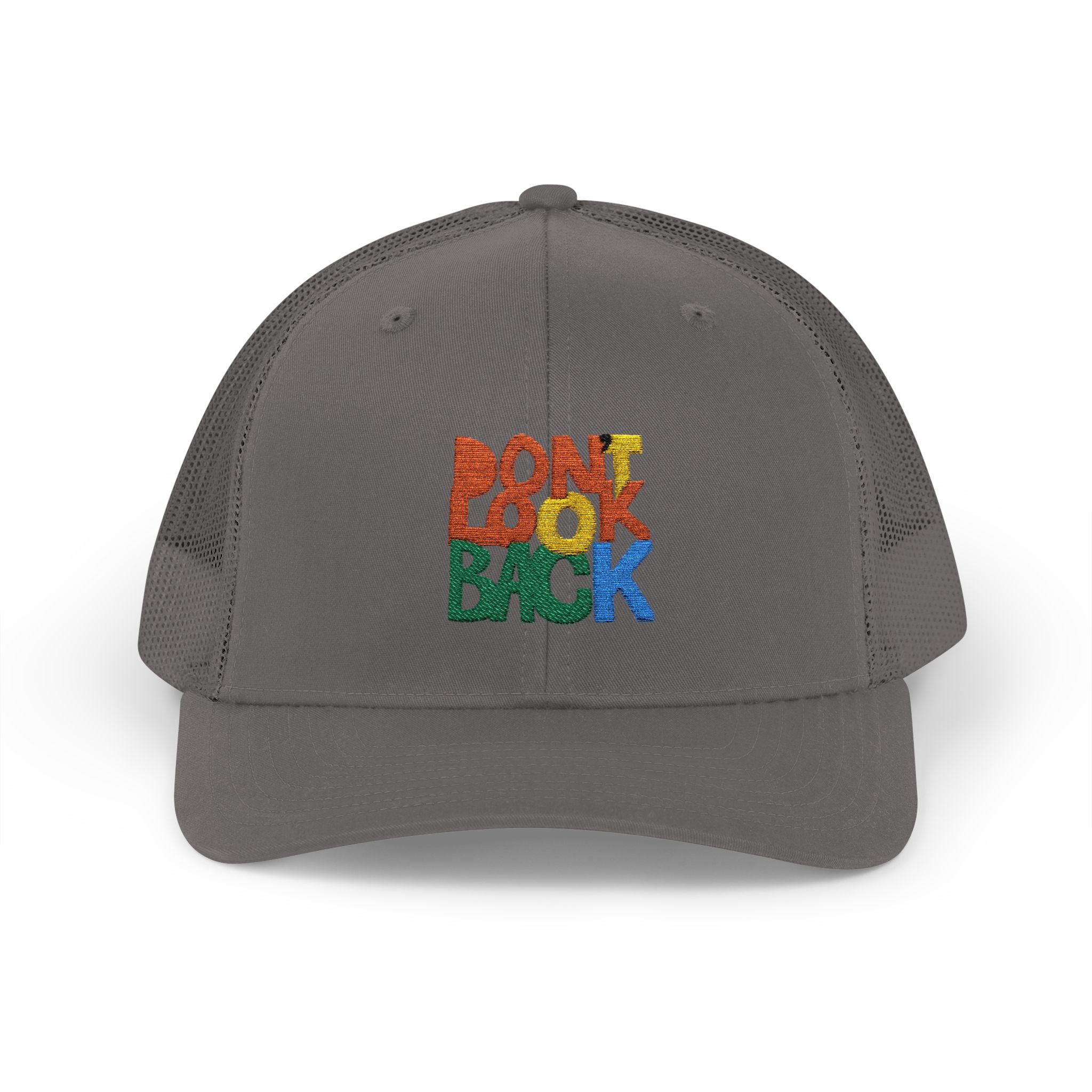 Don’t Look Back Snapback Trucker Cap — Retro Rainbow Embroidered Hat