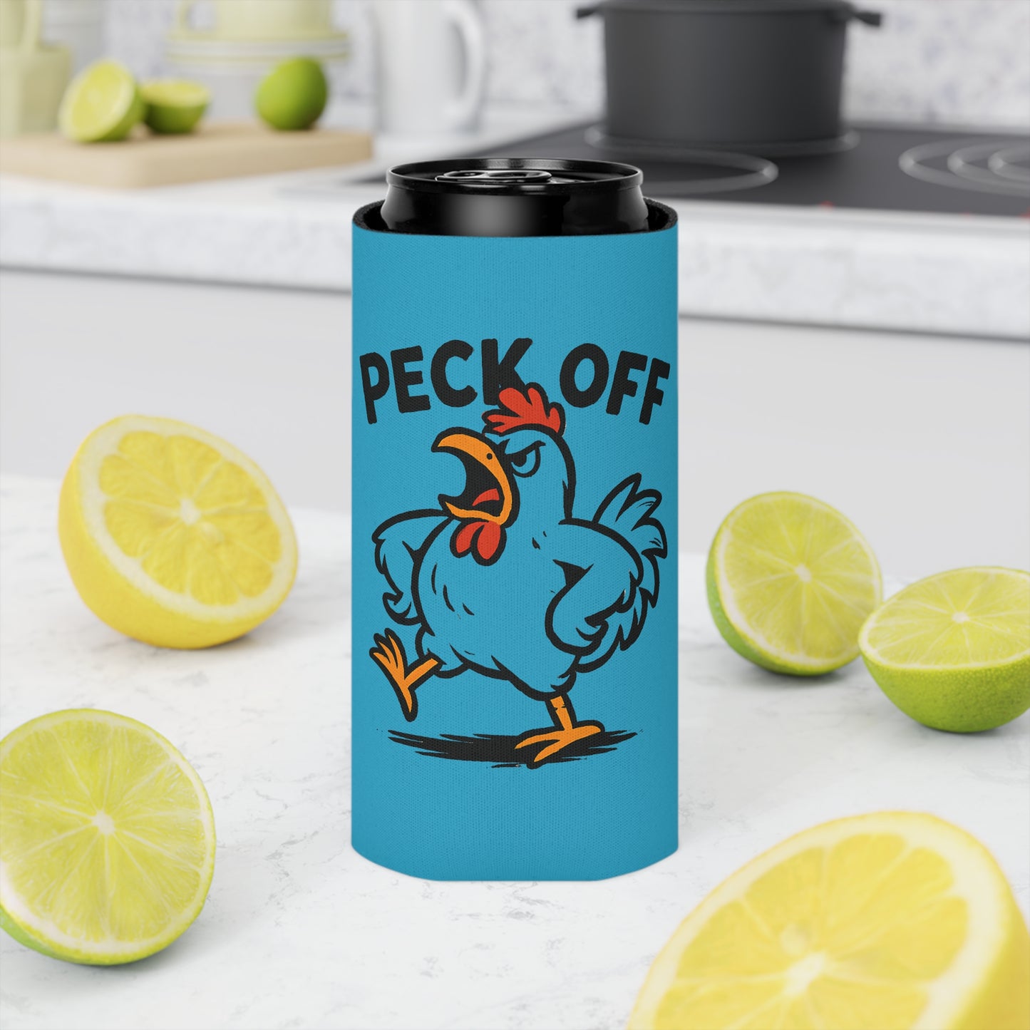Can Cooler – 'Peck Off' Angry Rooster Drink Holder (Funny Farm Animal Koozie)