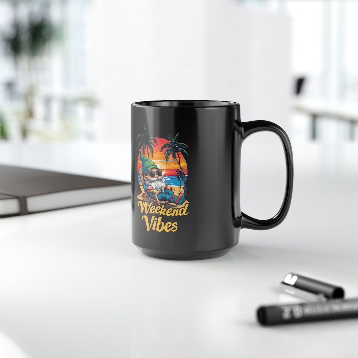 Weekend Vibes Mug — Tropical Sunset Gnome 15oz Black Coffee Cup