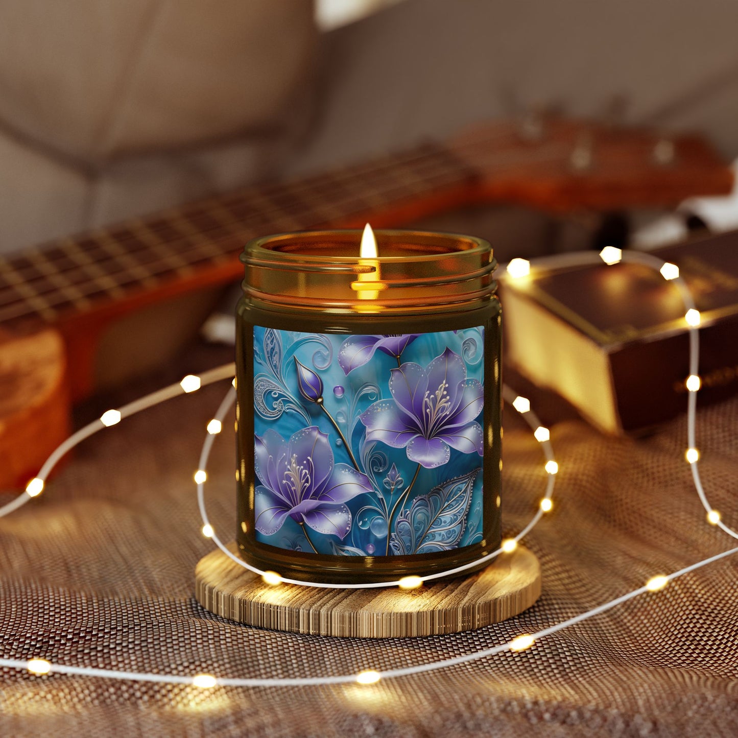 Scented Candle — Coconut Apricot Wax (4oz & 9oz) with Blue Floral Art