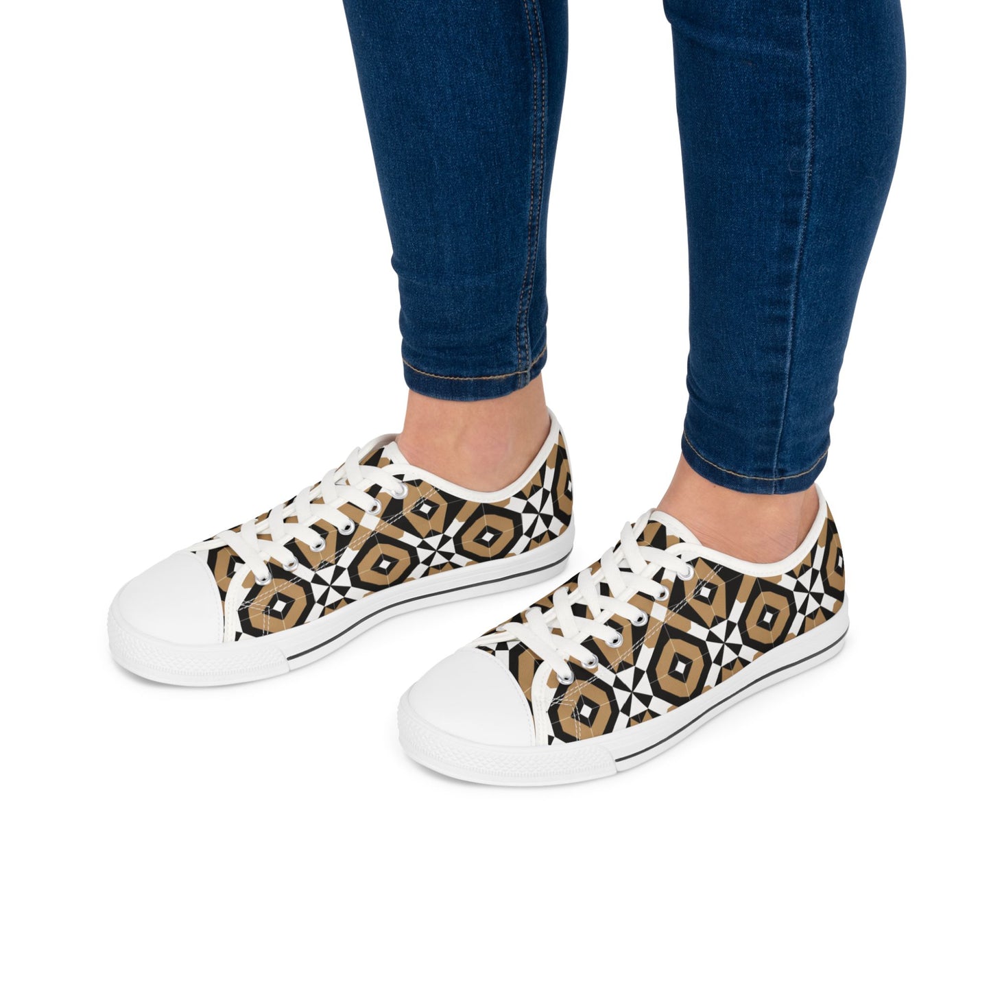 Low Top Sneakers — Geometric Tan & Black Aztec Pattern