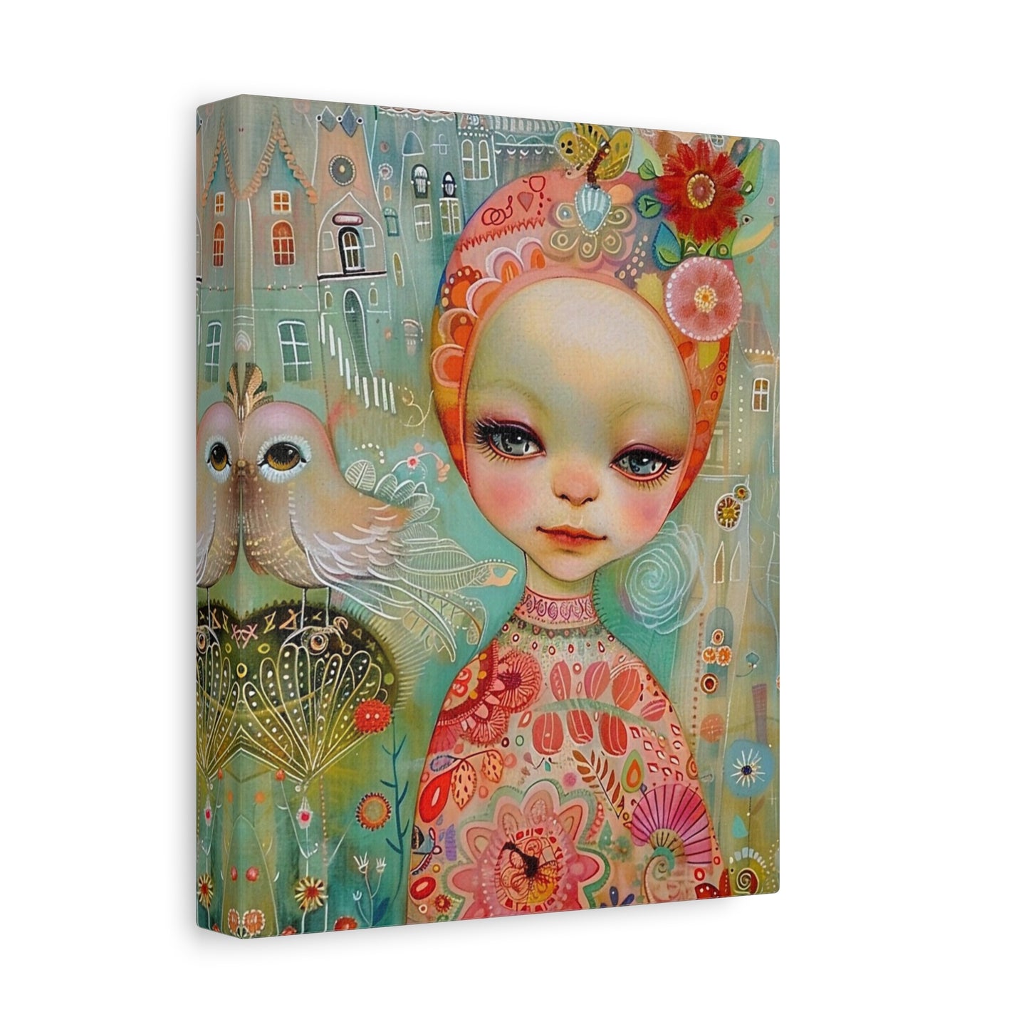 Whimsical Girl & Bird Matte Canvas Wall Art — Stretched Decorative Painting