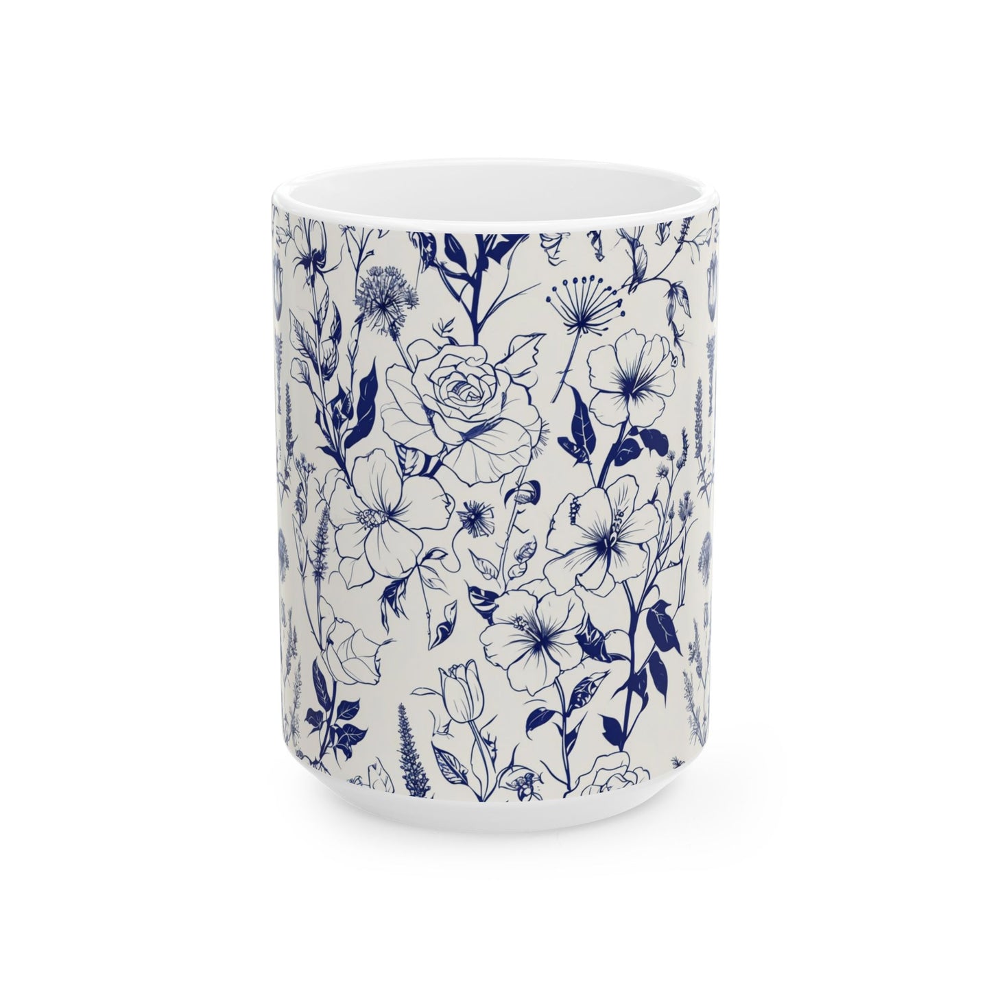 Blue Floral Ceramic Mug — Vintage Navy Botanical Coffee Cup (11oz, 15oz)