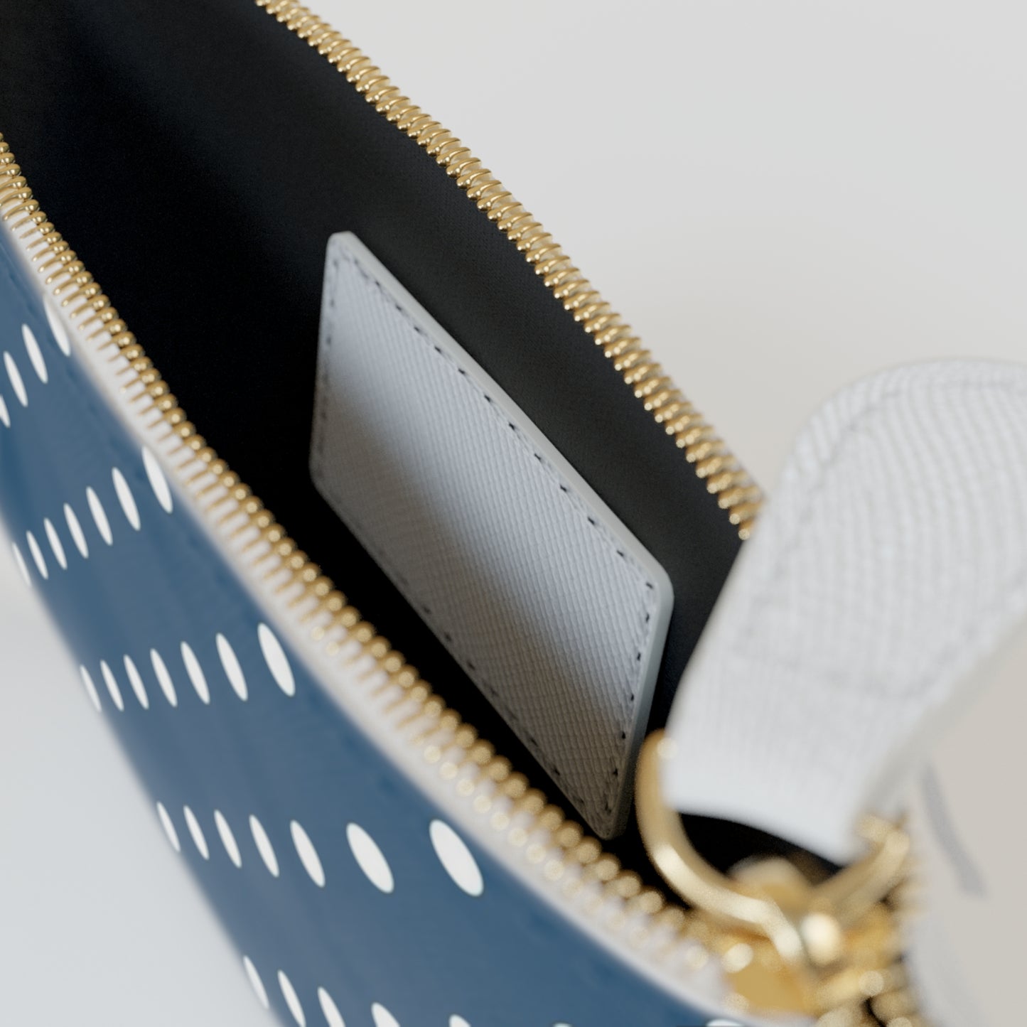 Polka Dot Mini Clutch Bag — Navy Blue White Dot Zip Pouch