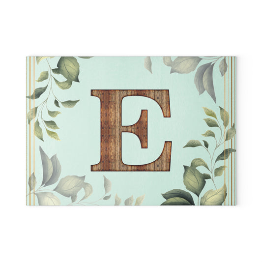 Glass Cutting Board — Monogram 'E' Floral Leaf Kitchen Decor