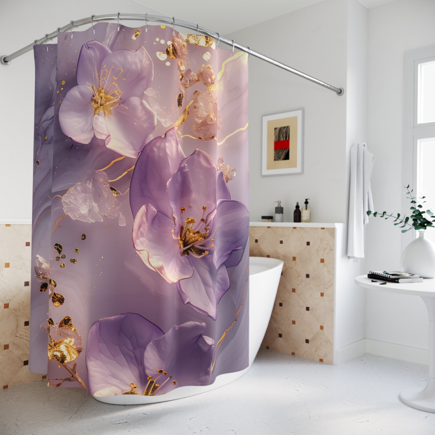 Floral Purple Blossom Shower Curtain — Elegant Gold Accent Bathroom Decor