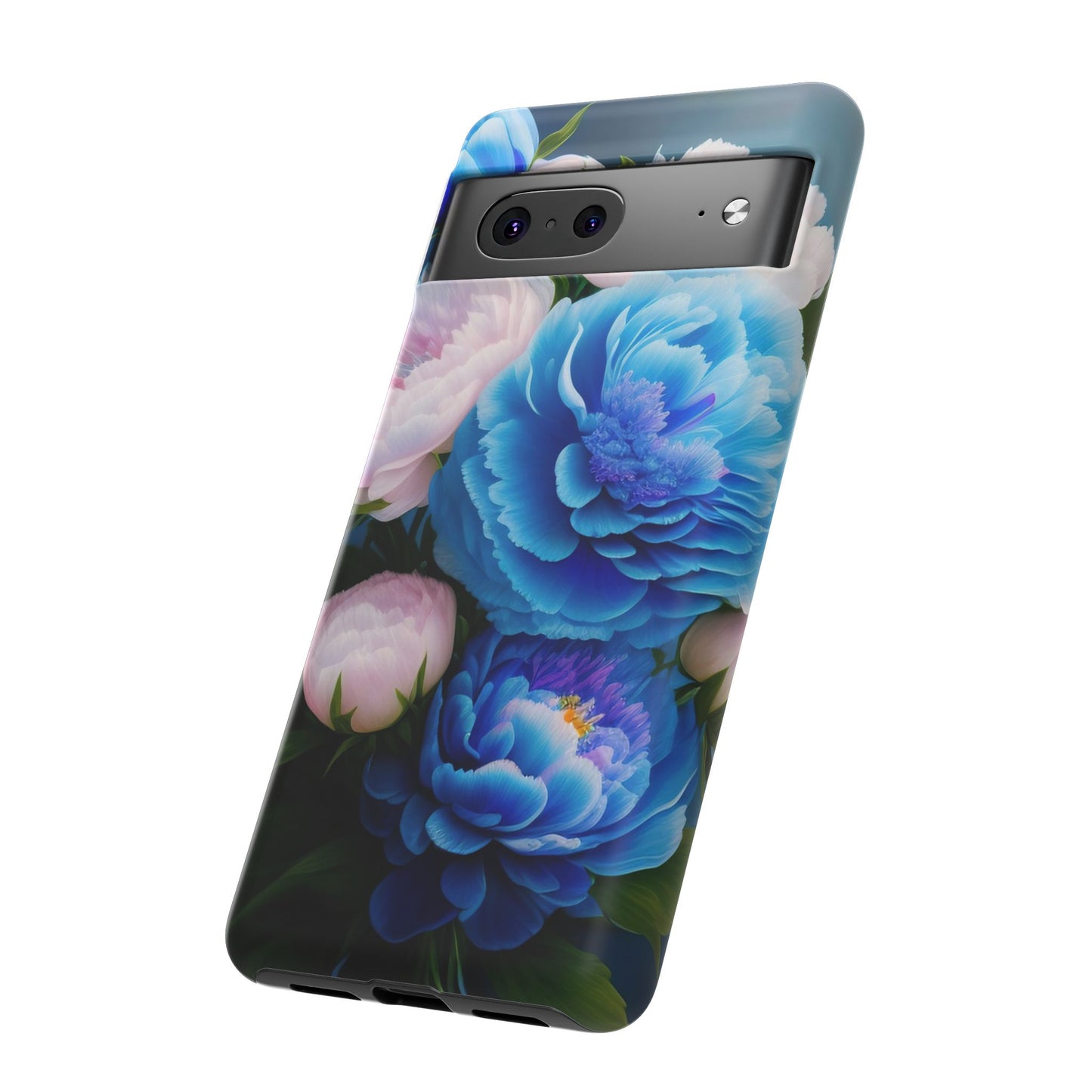 Floral Blue Peony Phone Case — Protective Tough Case with Pink & Blue Blooms