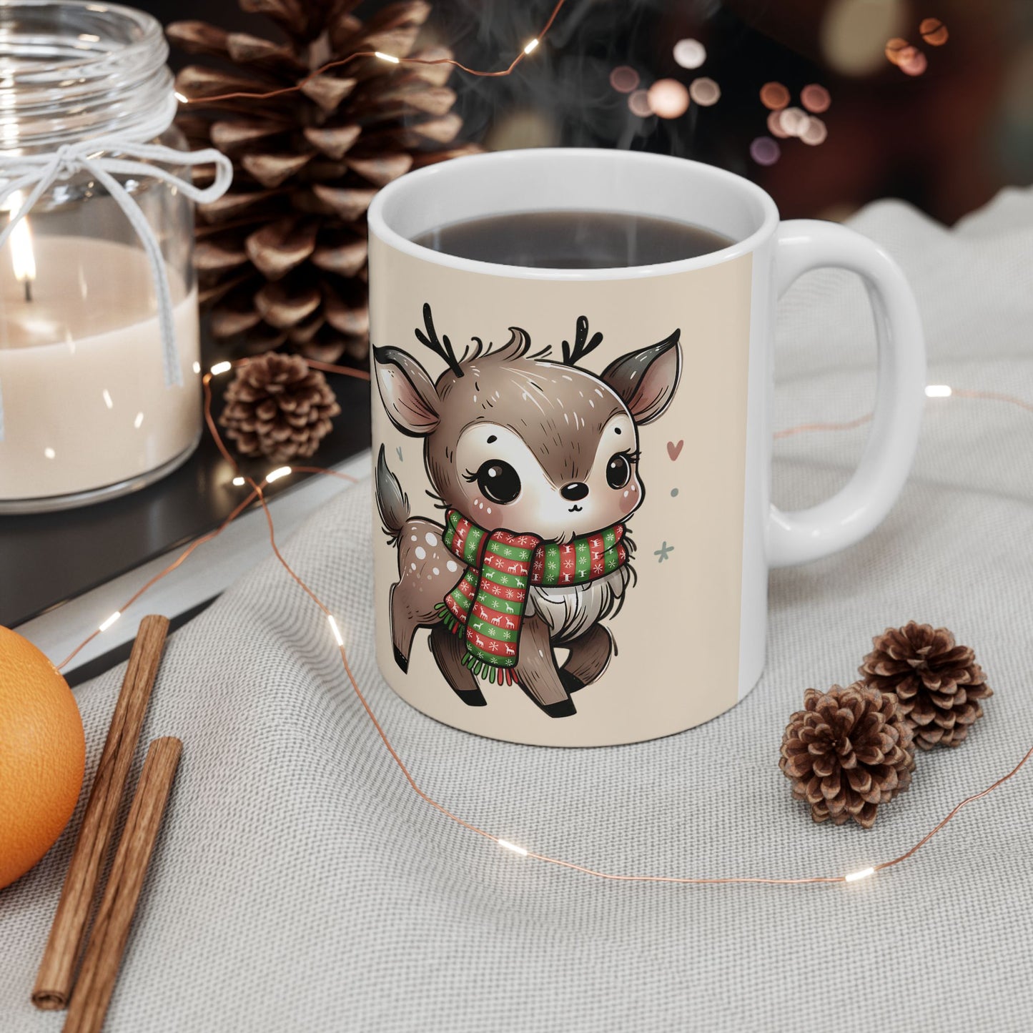 Cute Reindeer Mug — Christmas Deer Ceramic Coffee Cup (11oz & 15oz)