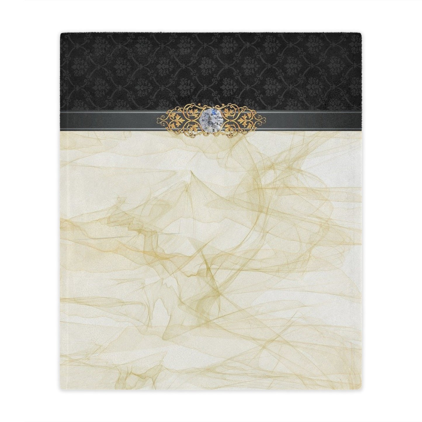 Luxury Gold Smoke Minky Blanket — Elegant Damask Accent with Ornate Gem Detail