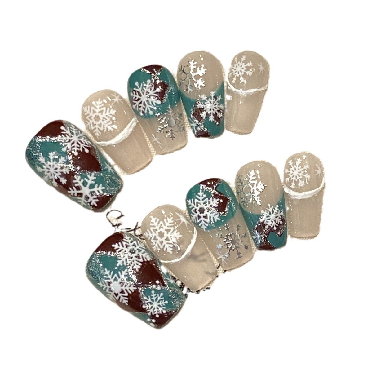 Blue and Red Snowflake Press‑On Nails – Winter Frost Short Design – Image 4