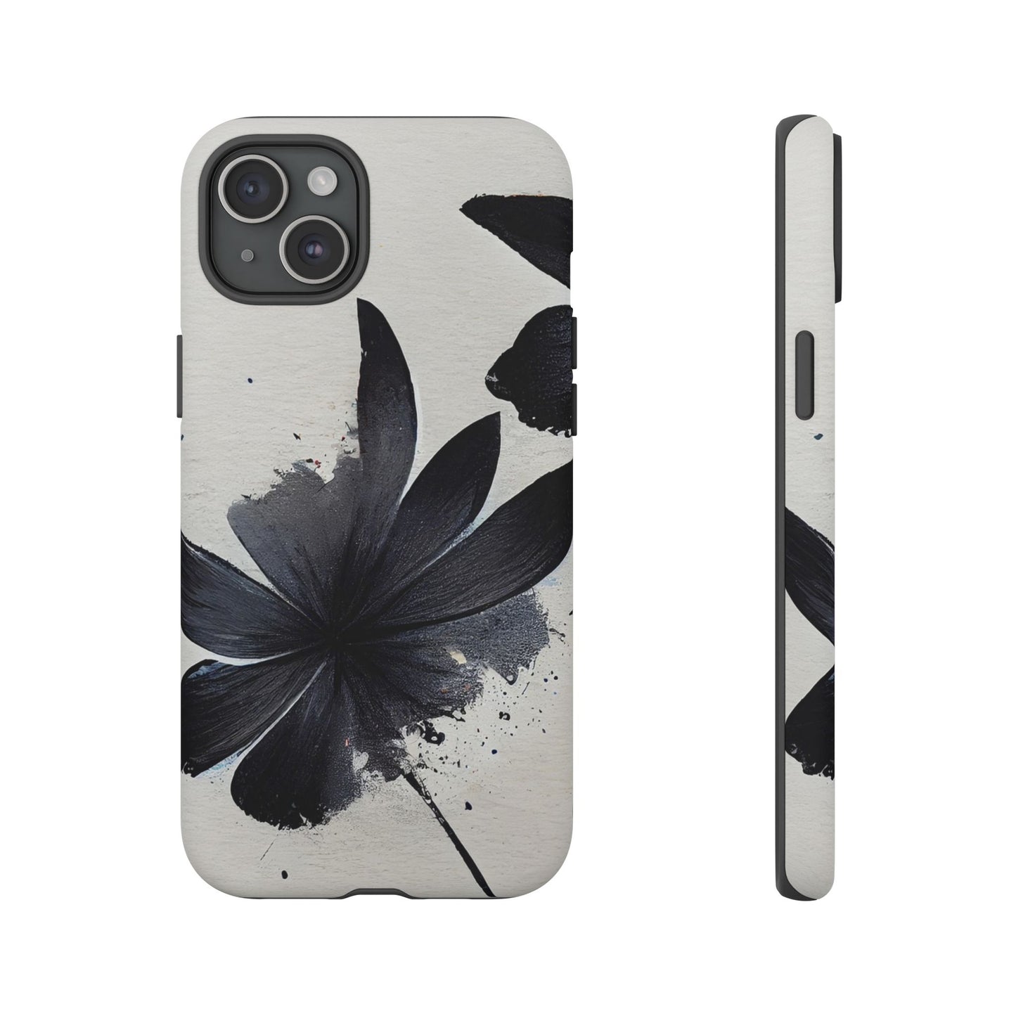Monochrome Floral Tough Phone Case — Black Ink Flower Protective Cover