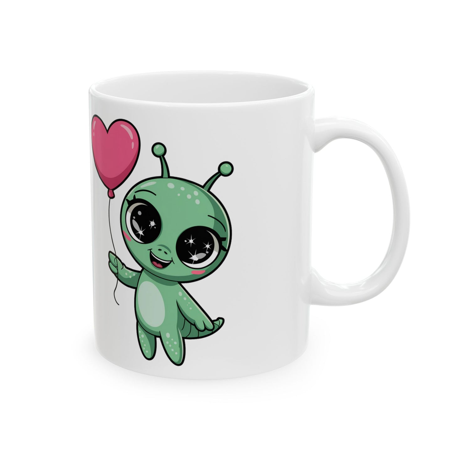 Cute Alien Holding Heart Balloon Ceramic Mug — 11oz & 15oz Gift Mug
