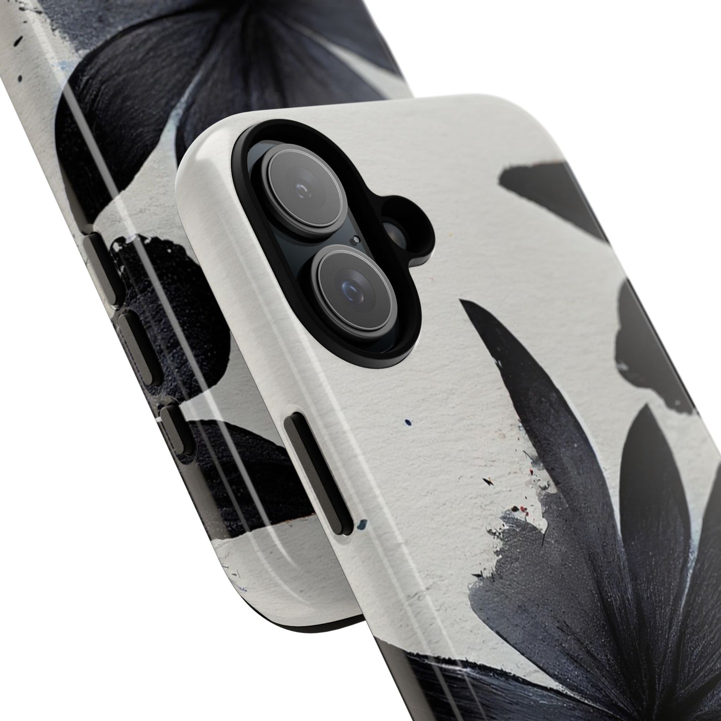 Monochrome Floral Tough Phone Case — Black Ink Flower Protective Cover